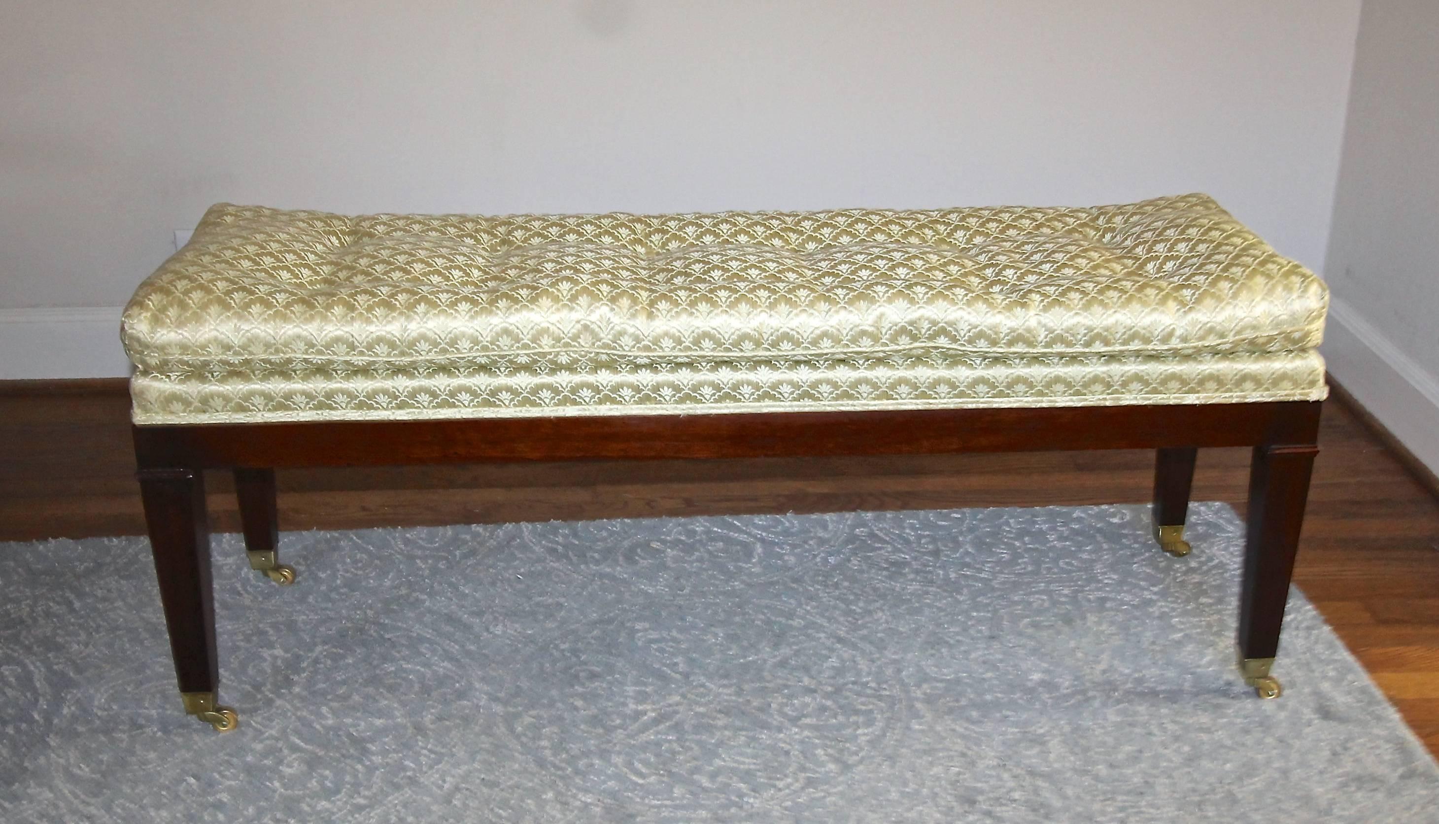 Upholstered Mahogany Long Bench with Brass Casters For Sale 5