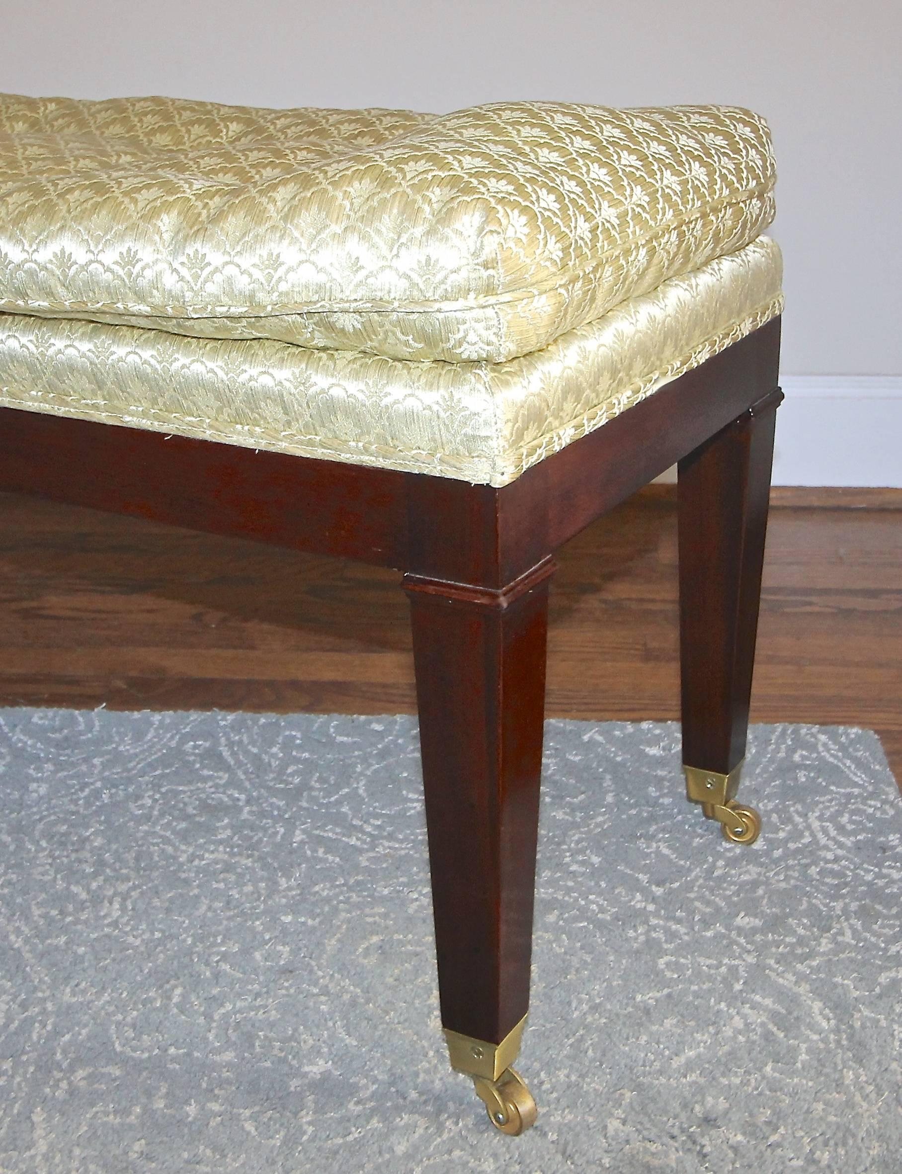Upholstered Mahogany Long Bench with Brass Casters For Sale 1