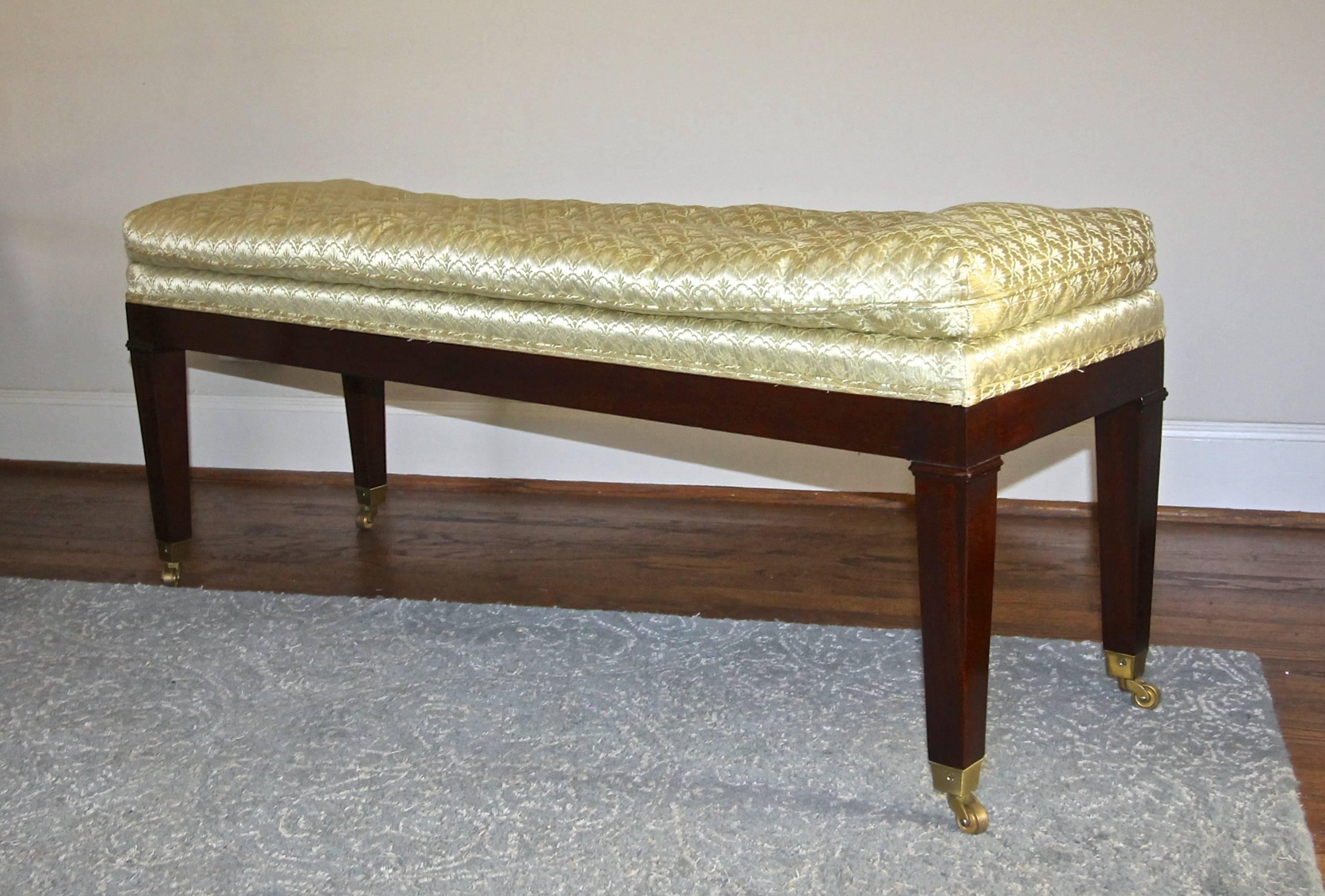 Upholstered Mahogany Long Bench with Brass Casters In Good Condition For Sale In Dallas, TX