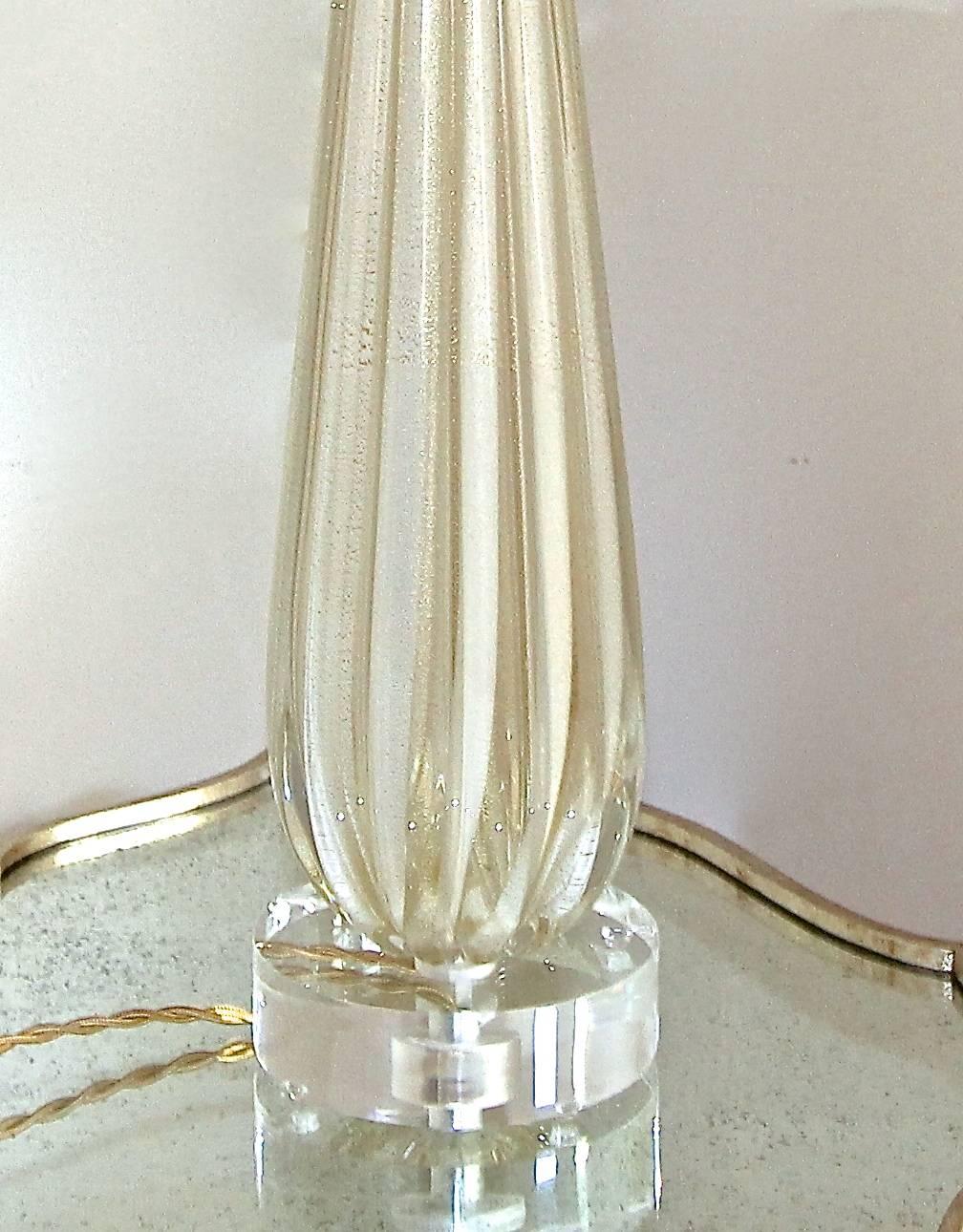 Single Tall Barbini Murano Italian White Gold Ribbed Table Lamp 3