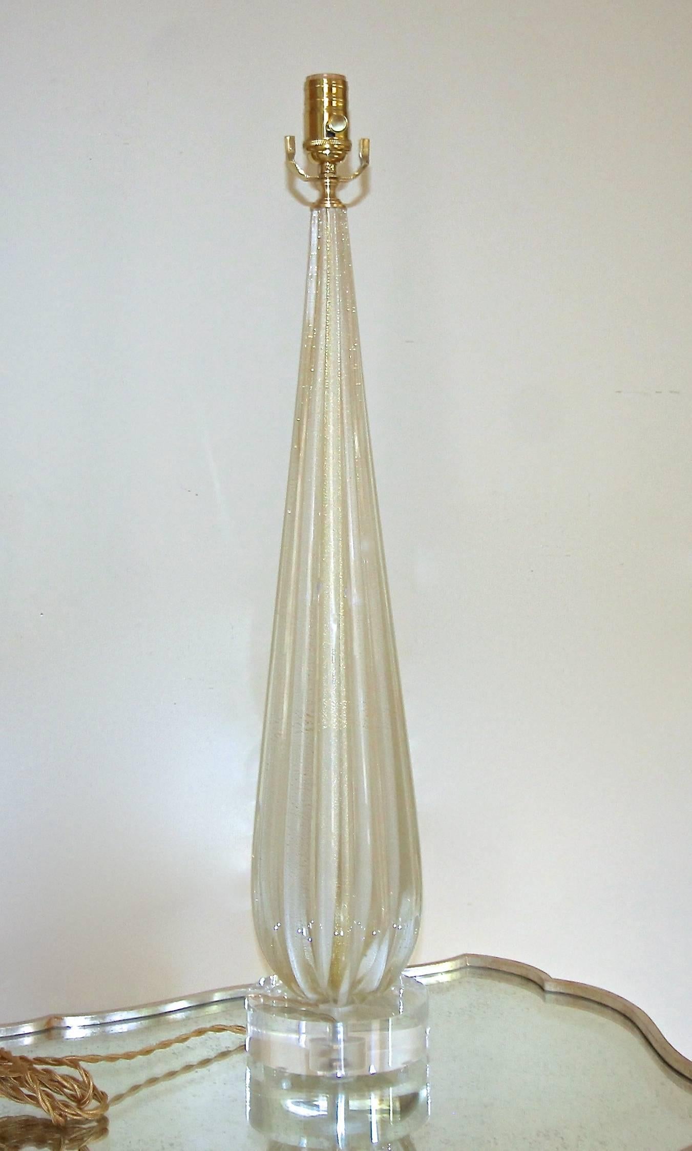 Mid-Century Modern Single Tall Barbini Murano Italian White Gold Ribbed Table Lamp