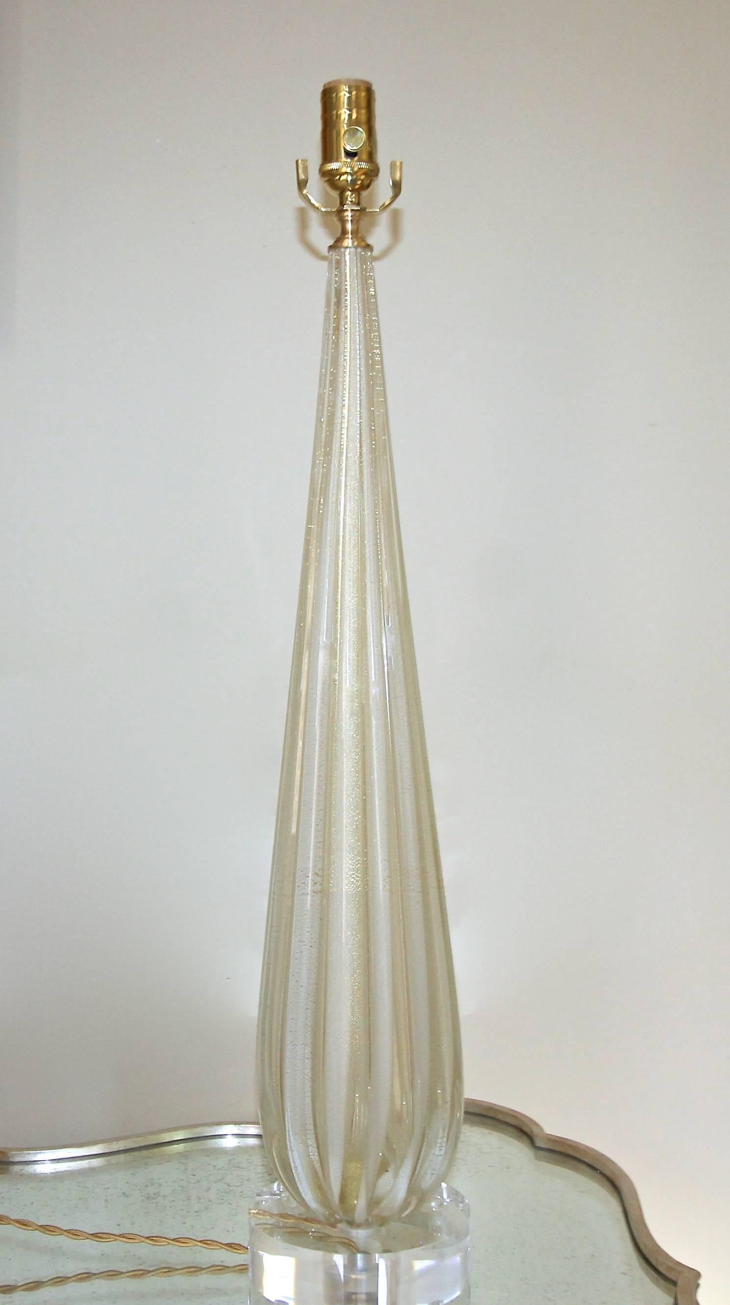 Brass Single Tall Barbini Murano Italian White Gold Ribbed Table Lamp