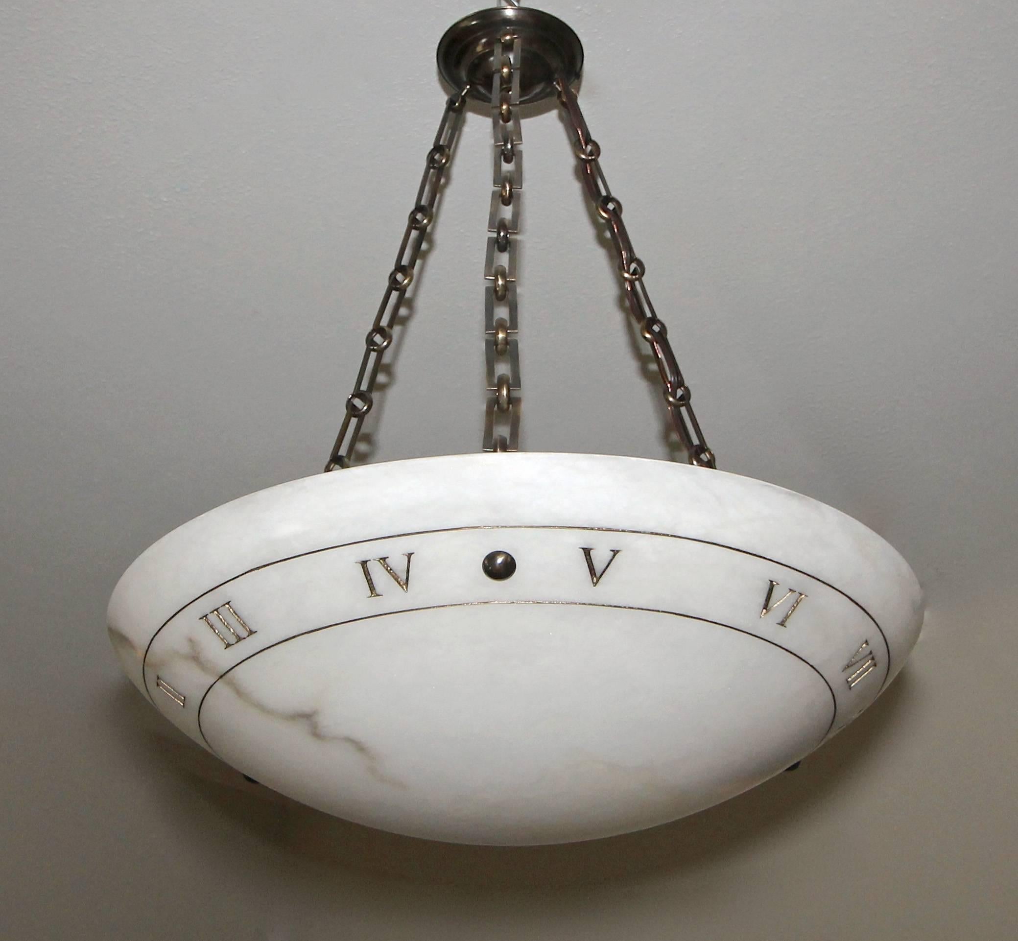 Large Alabaster Pendant Chandelier Ceiling Light with Incised Roman Numerals In Excellent Condition In Palm Springs, CA
