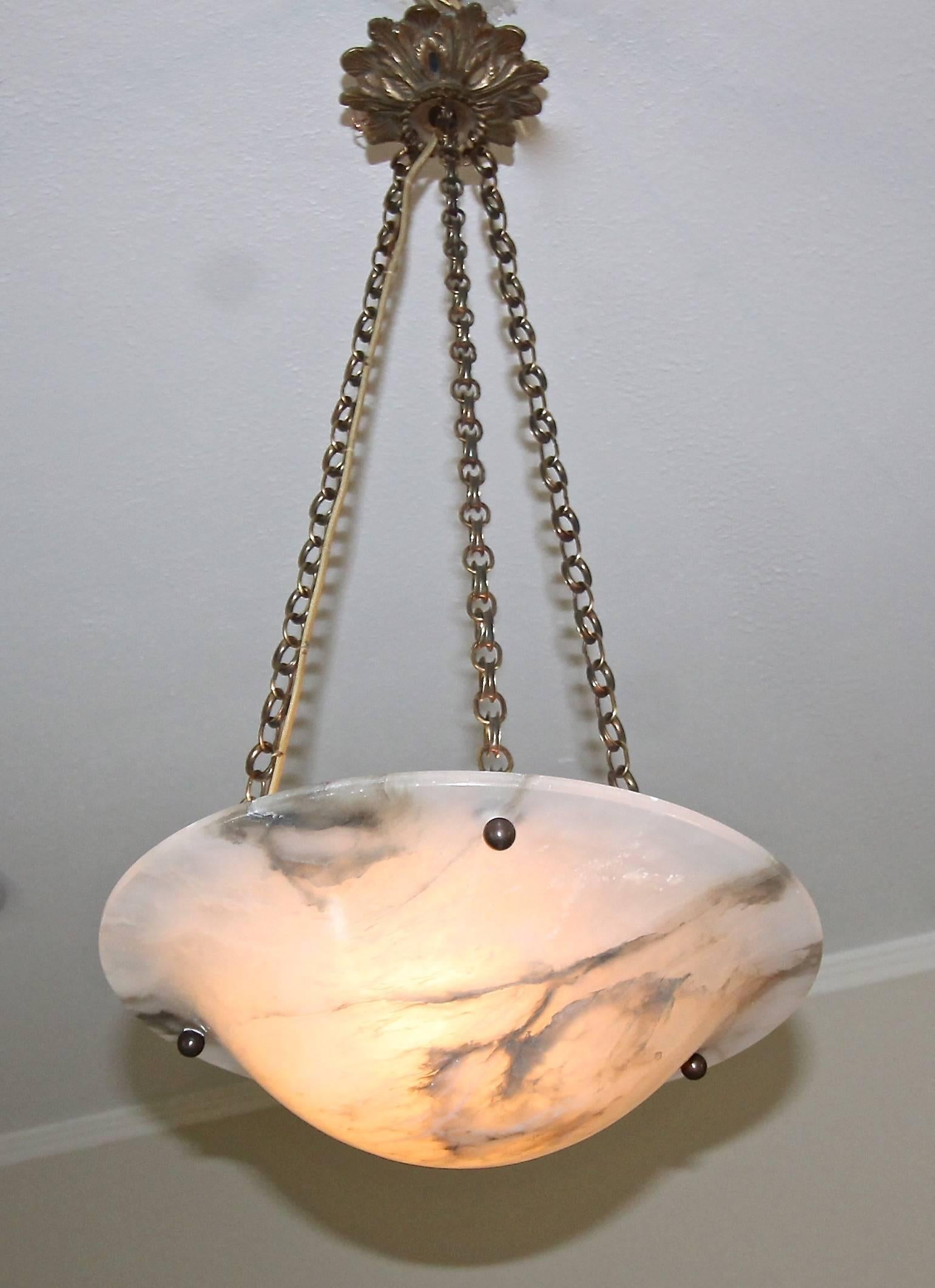 French Louis XV Alabaster Bronze Pendant Light or Chandelier In Good Condition In Palm Springs, CA