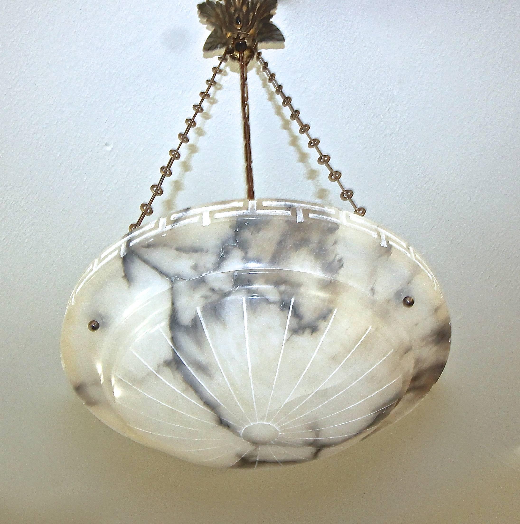 French Alabaster Bronze Greek Key Pendant Light or Chandelier In Good Condition In Dallas, TX