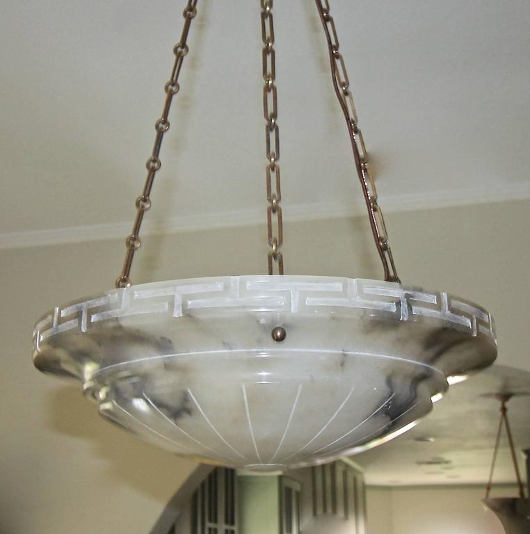 French Alabaster Bronze Greek Key Pendant Light or Chandelier at 1stDibs