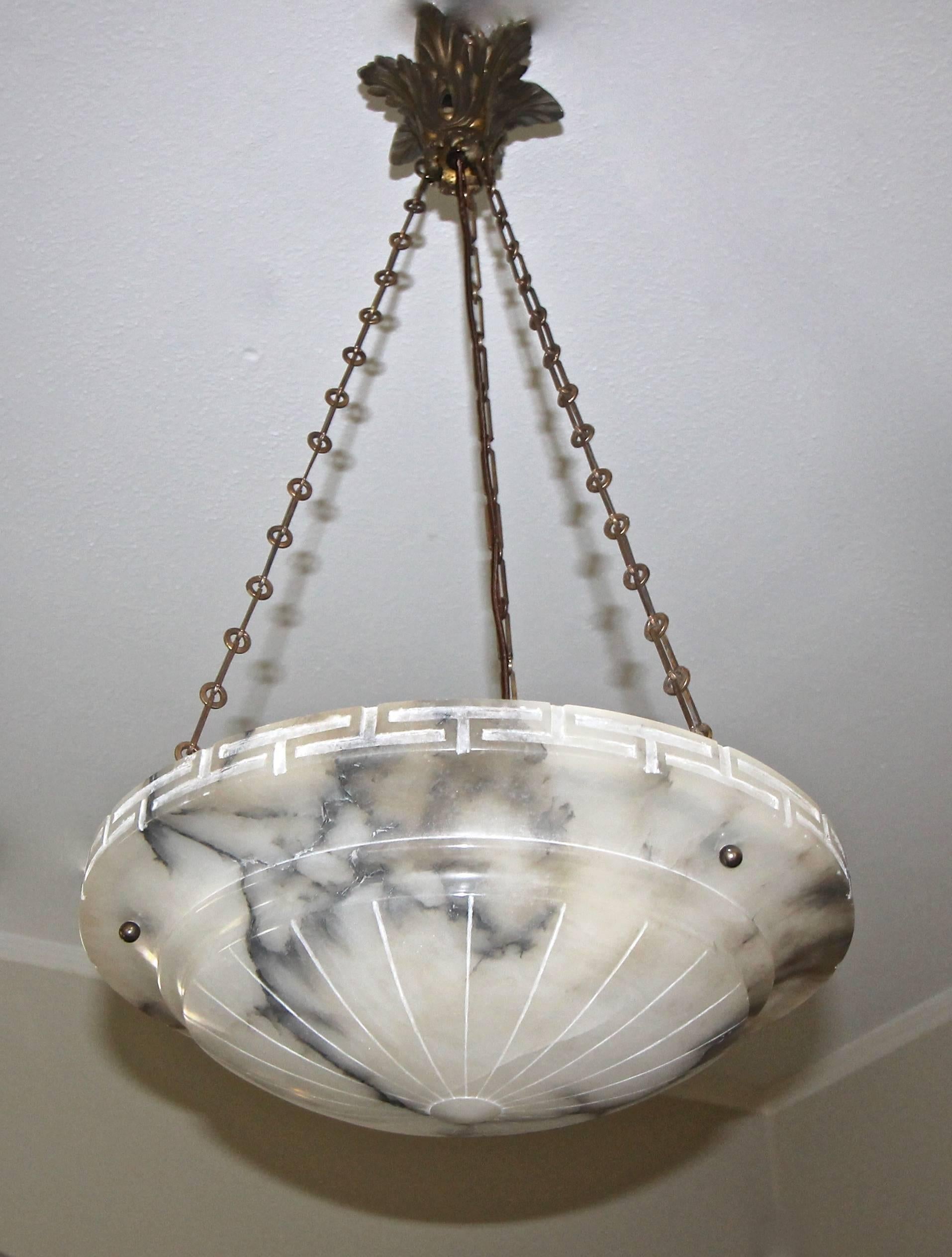 French Alabaster Bronze Greek Key Pendant Light or Chandelier at 1stDibs