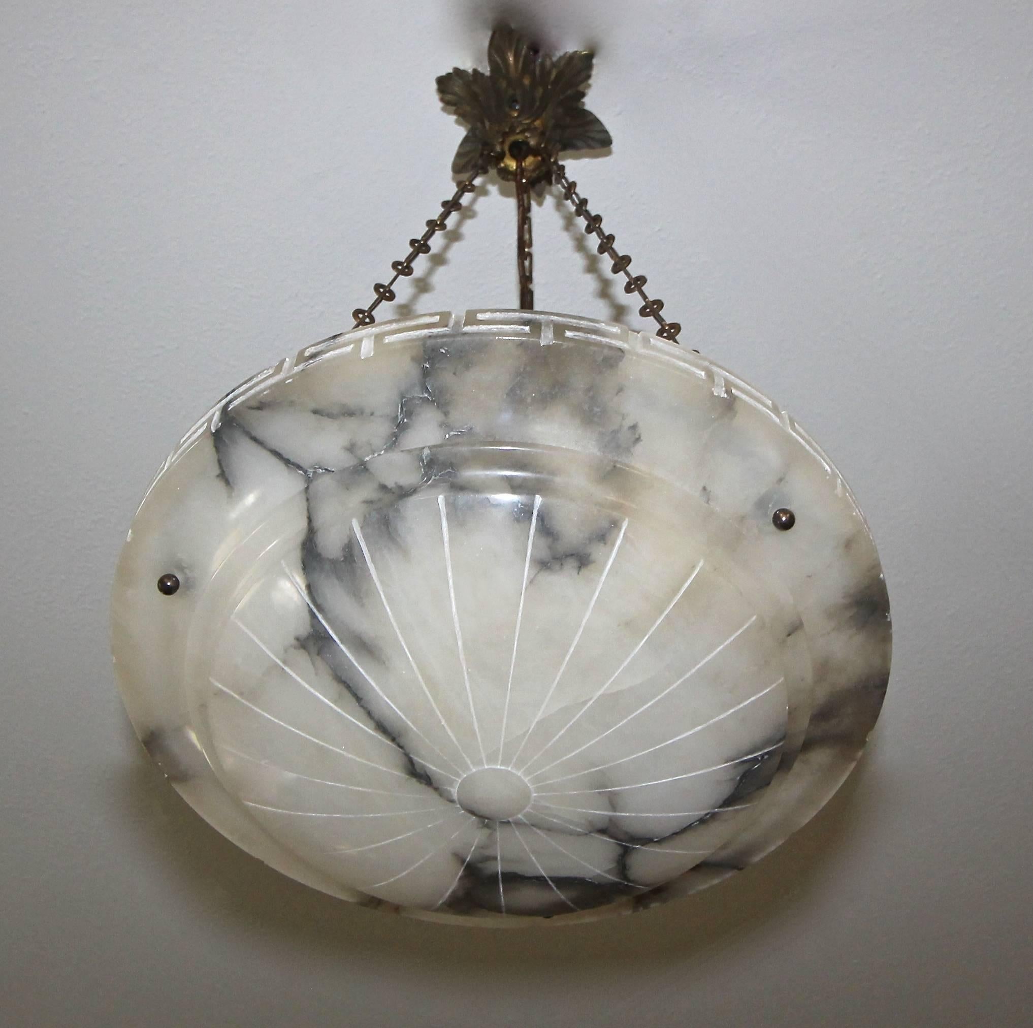 French Alabaster Bronze Greek Key Pendant Light or Chandelier at 1stDibs