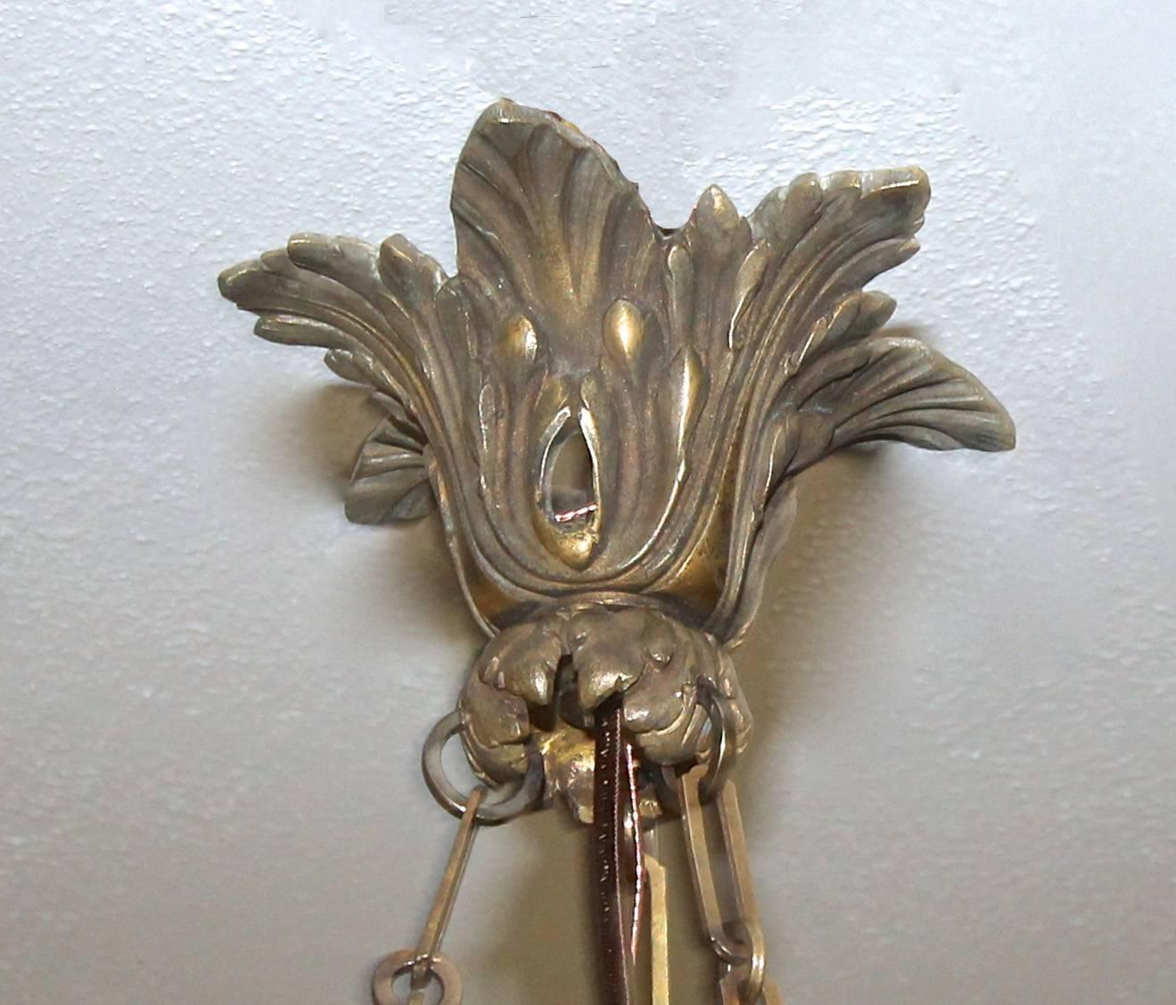 French Alabaster Bronze Greek Key Pendant Light or Chandelier 4
