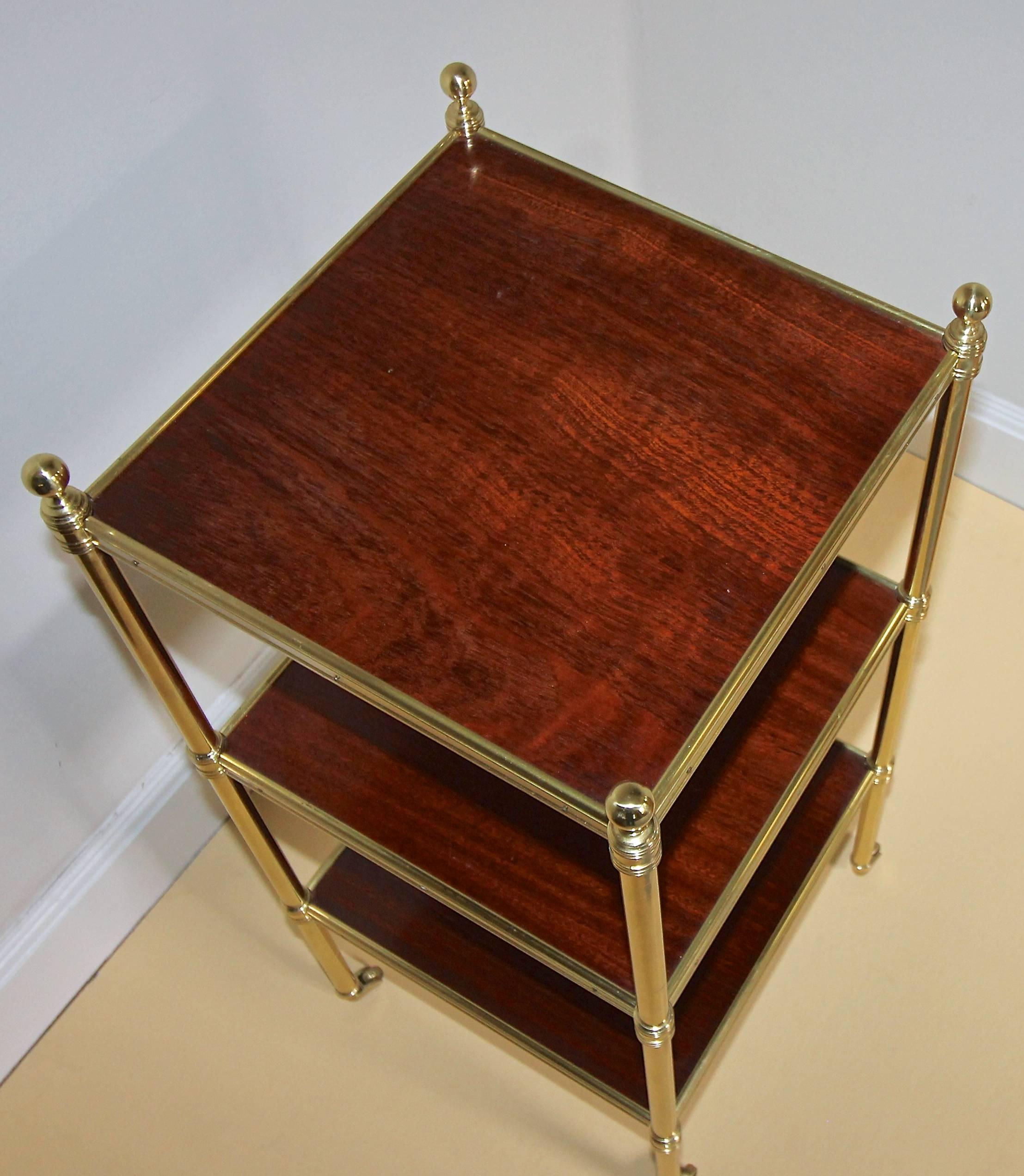 Regency Style Brass and Mahogany Three-Tier End Side Table In Good Condition In Palm Springs, CA