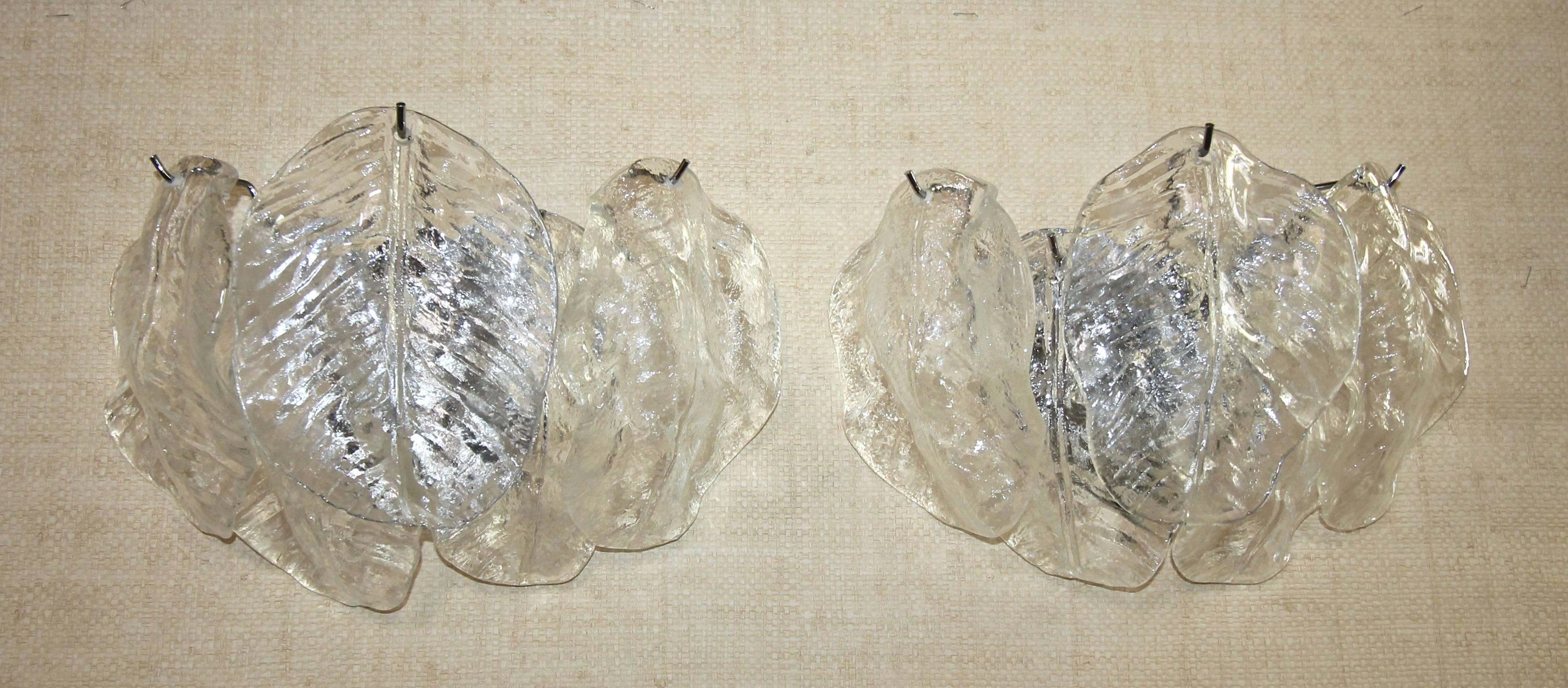 Plated Pair of Italian Murano Mazzega Clear Leaf Wall Light Sconces