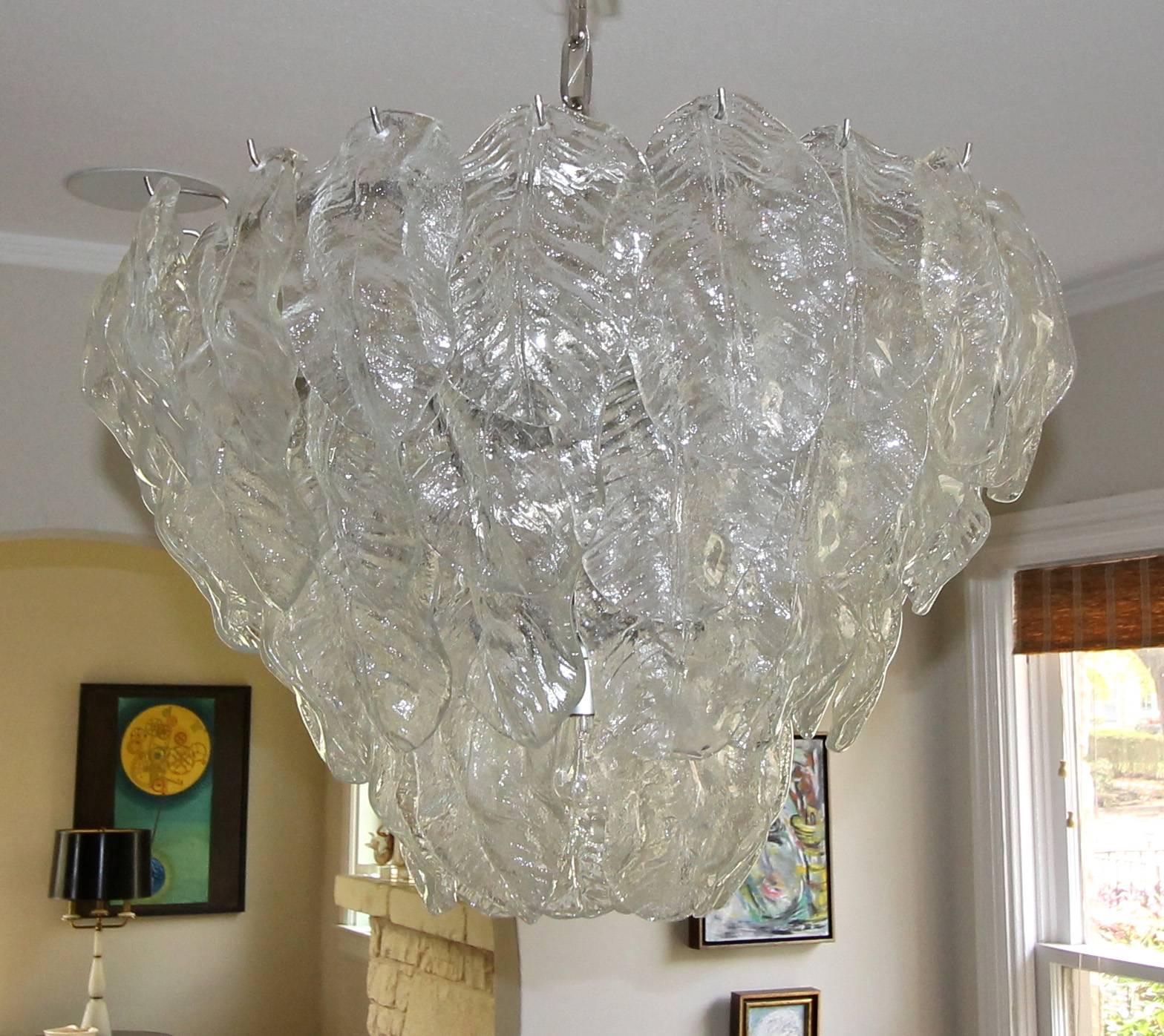 Large Italian Murano Mazzega Clear Glass Leaf Chandelier 1