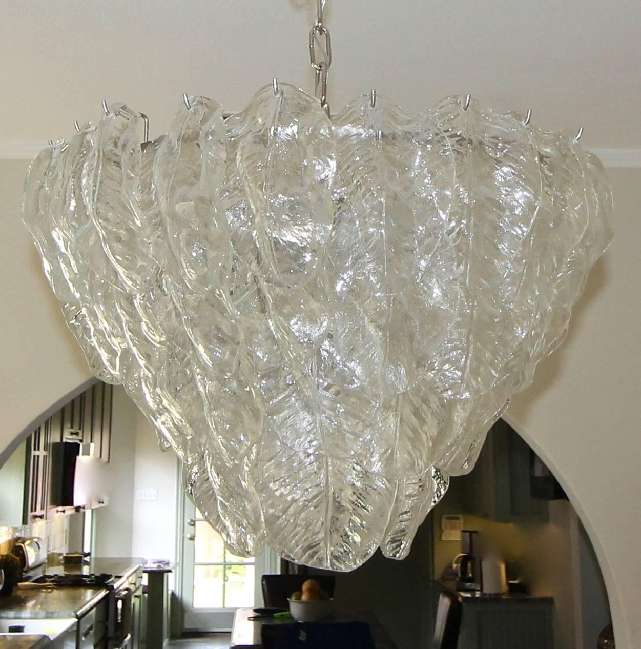 Late 20th Century Large Italian Murano Mazzega Clear Glass Leaf Chandelier