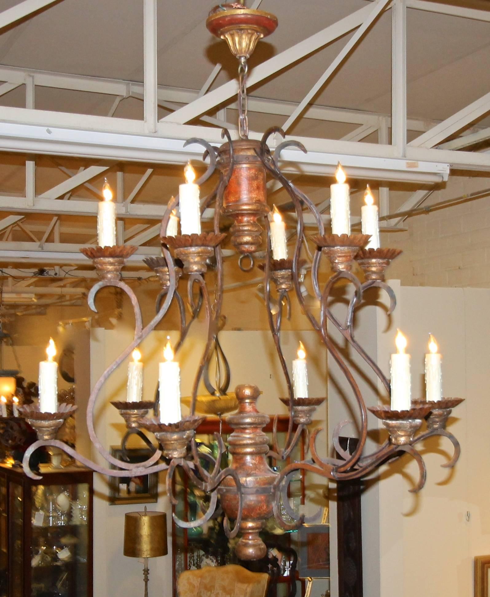 Metal Large Italian Cage Form Giltwood and Iron Painted Chandelier