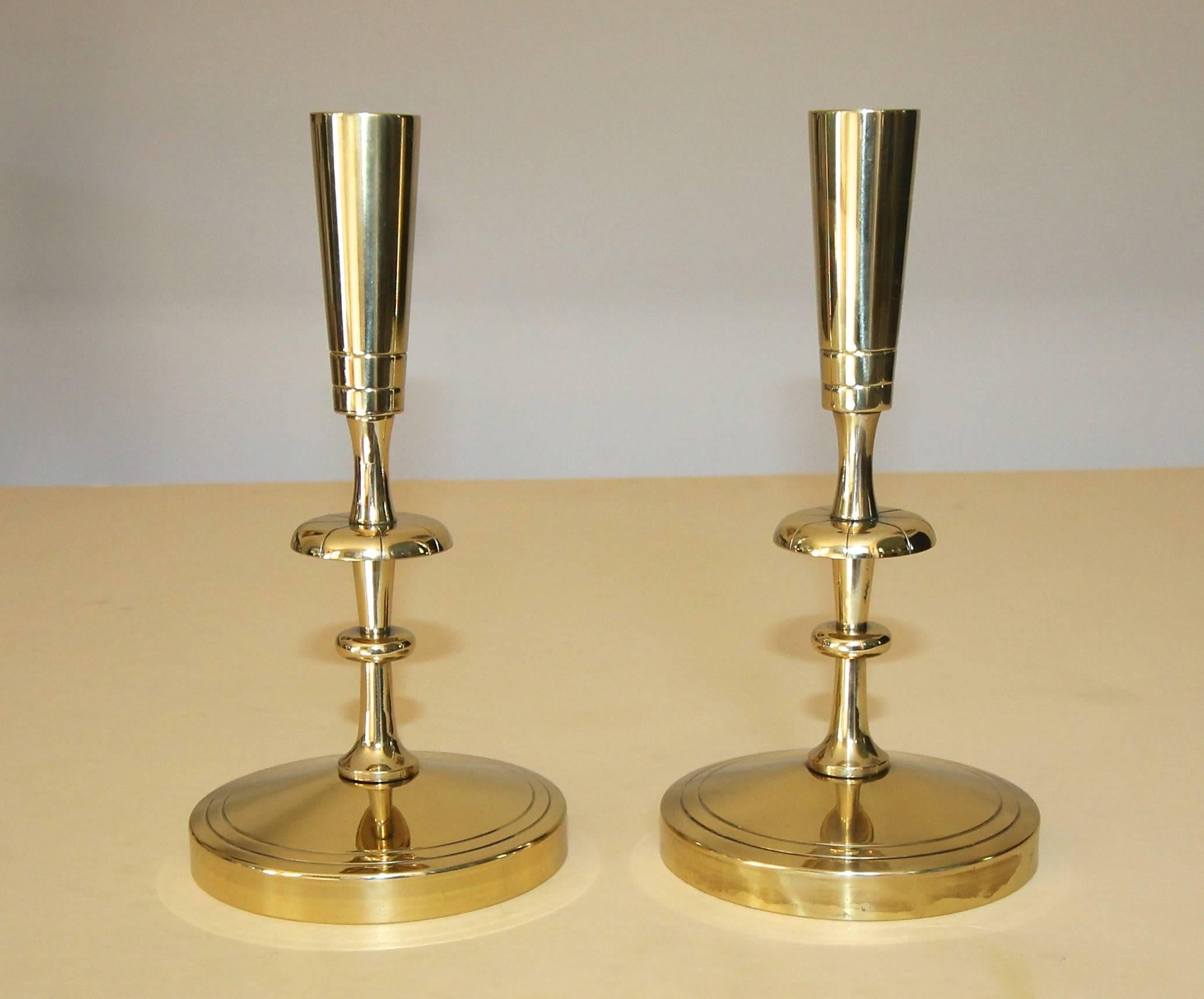 Mid-Century Modern Pair of Tommi Parzinger for Dorlyn Brass Candlesticks For Sale