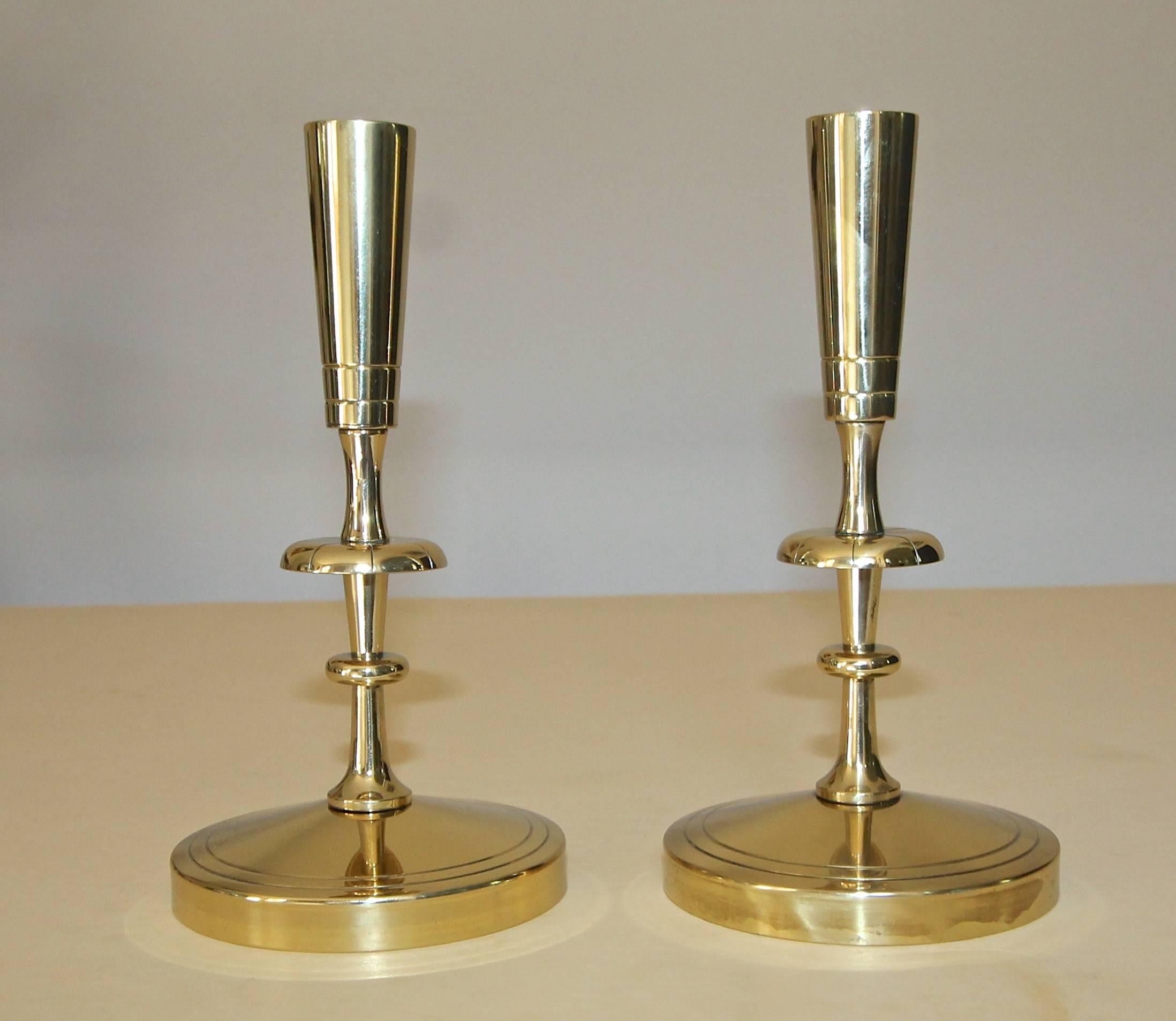 Mid-20th Century Pair of Tommi Parzinger for Dorlyn Brass Candlesticks For Sale