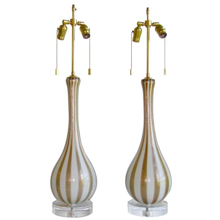 Pair of Rare Circus Stripe Barbini Murano Italian Glass Lamps 5