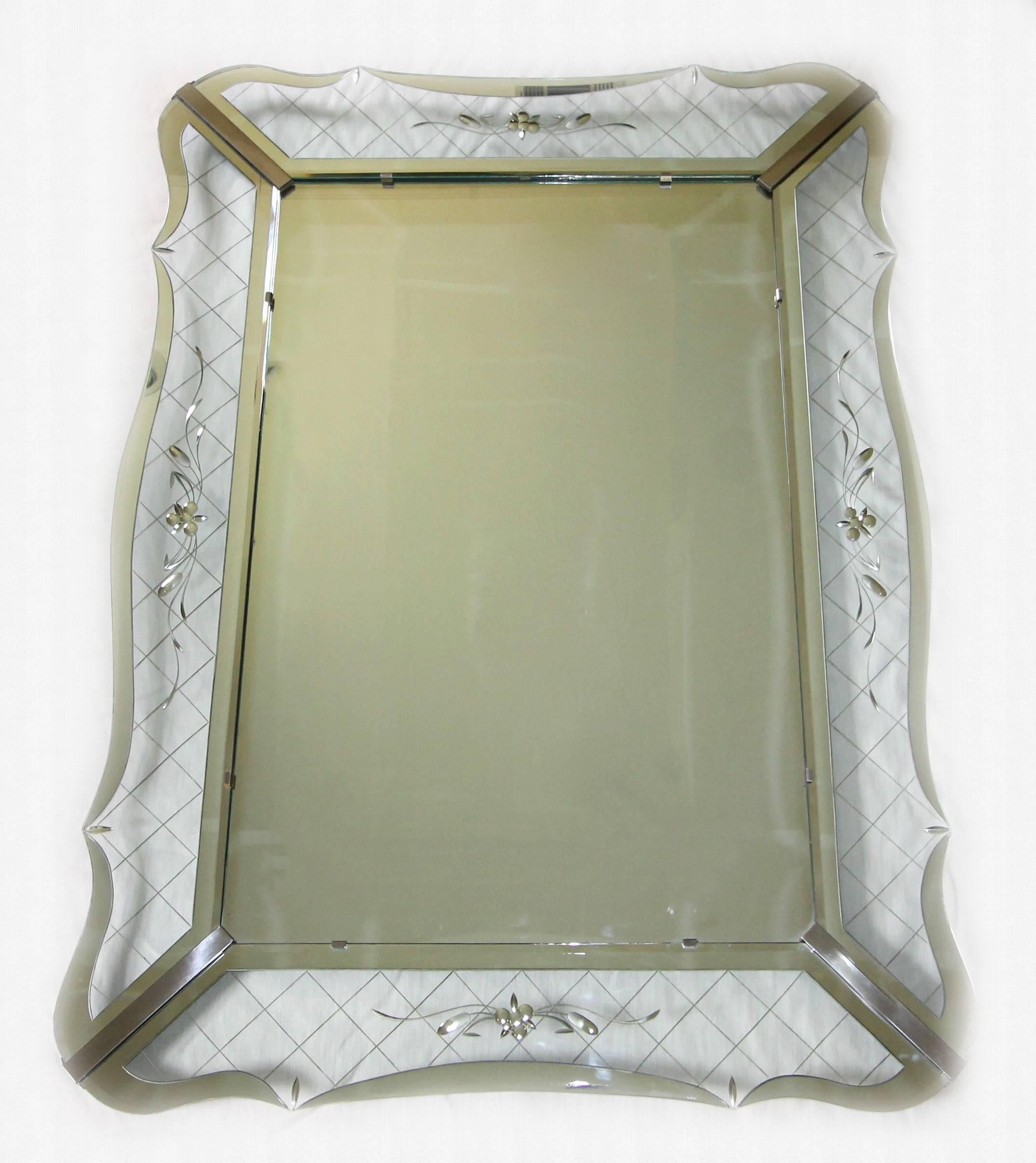 American Large Wavy Edge Deco Clear Etched Wall Mirror