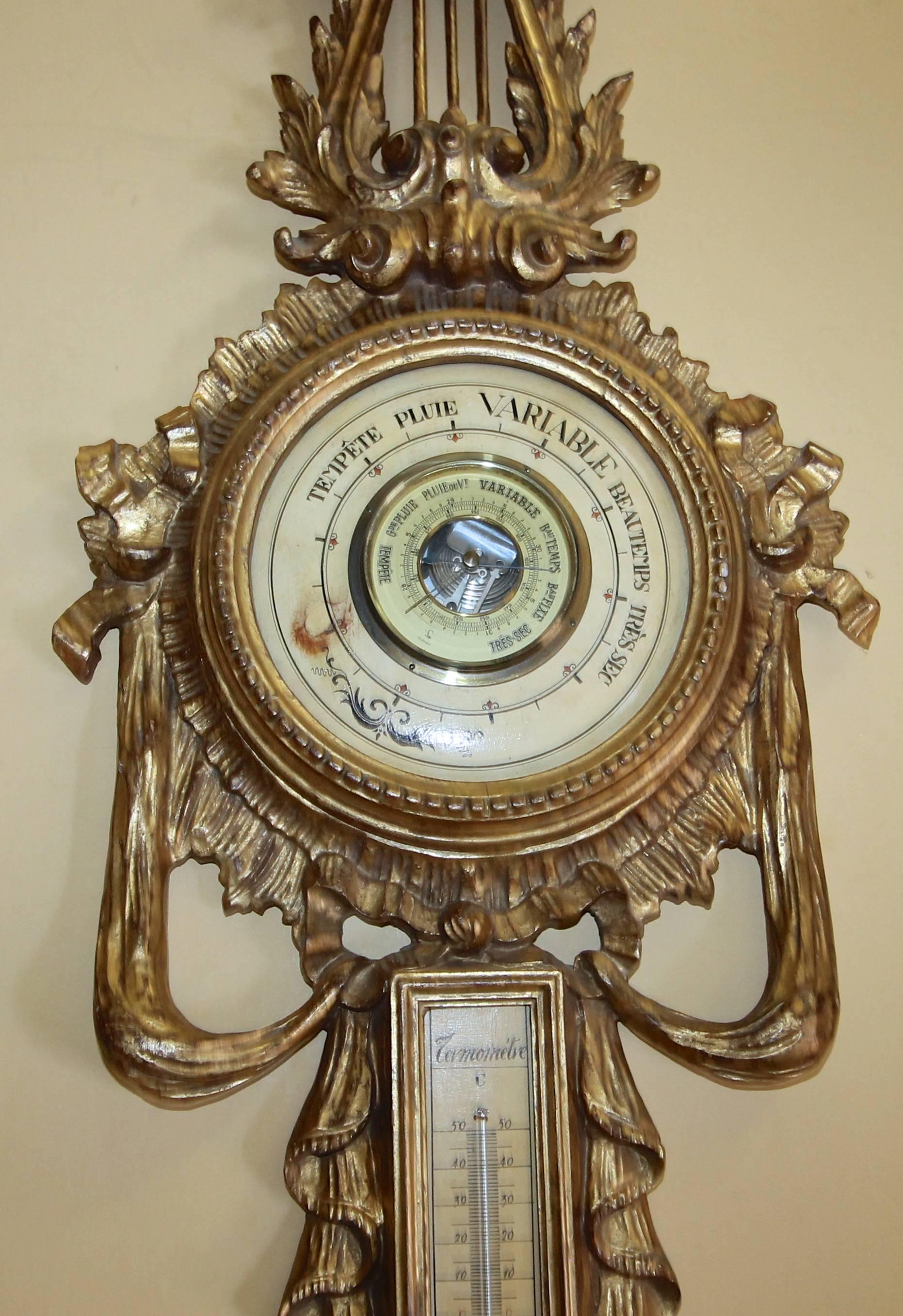 Mid-20th Century Italian Carved Giltwood Wall Barometer Thermometer
