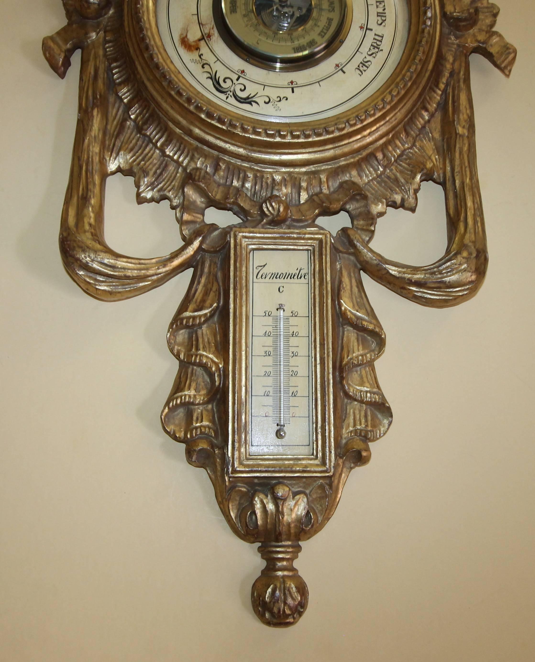 Italian Carved Giltwood Wall Barometer Thermometer 2