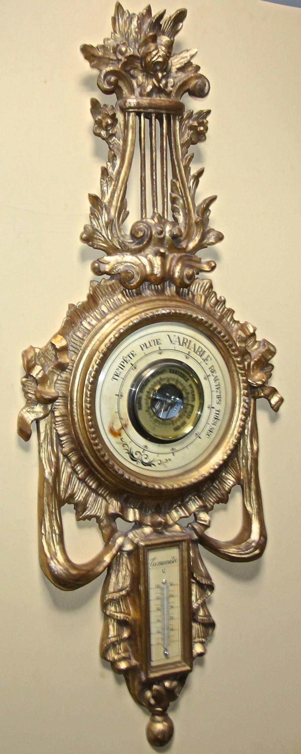 Italian Carved Giltwood Wall Barometer Thermometer In Fair Condition In Palm Springs, CA