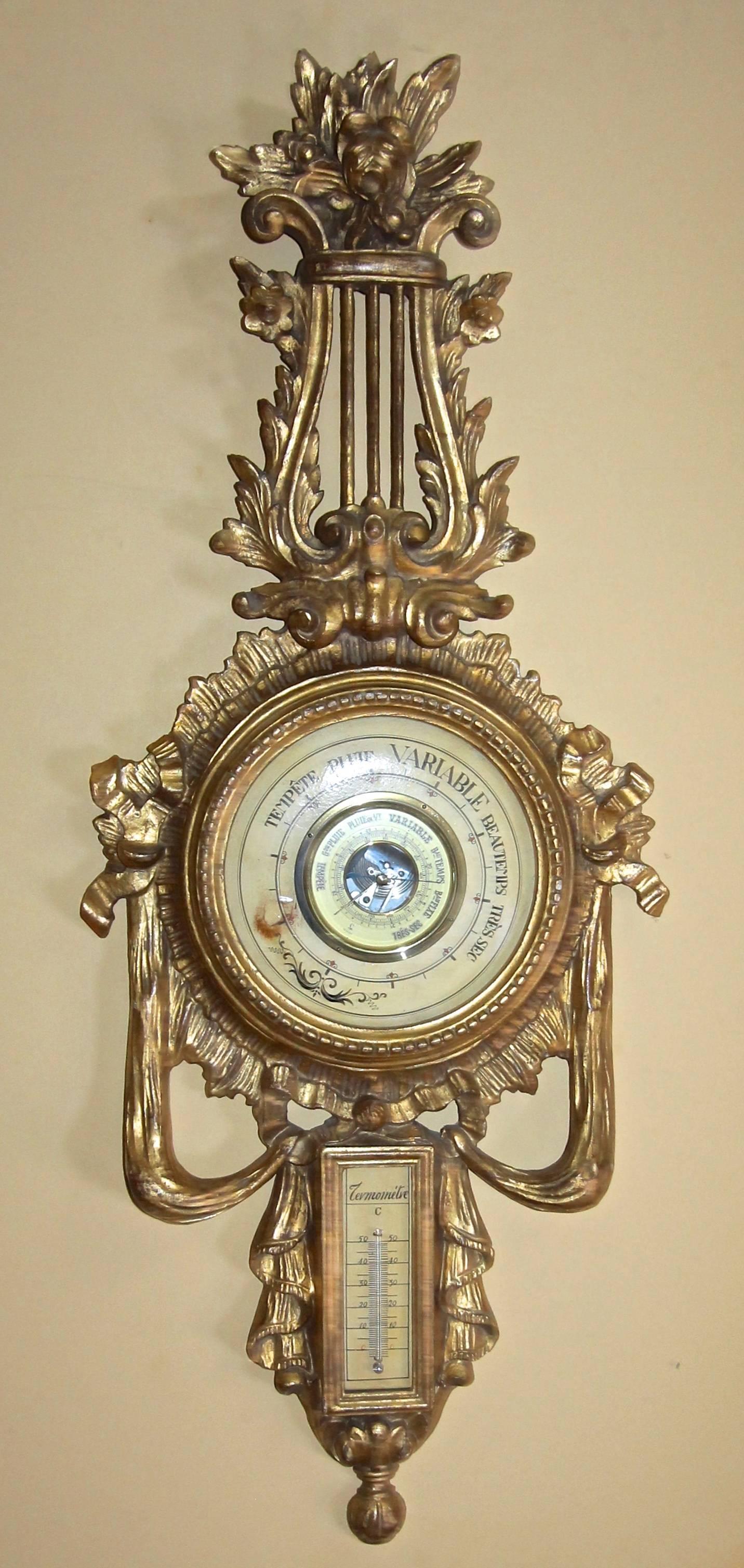 Italian Carved Giltwood Wall Barometer Thermometer 1