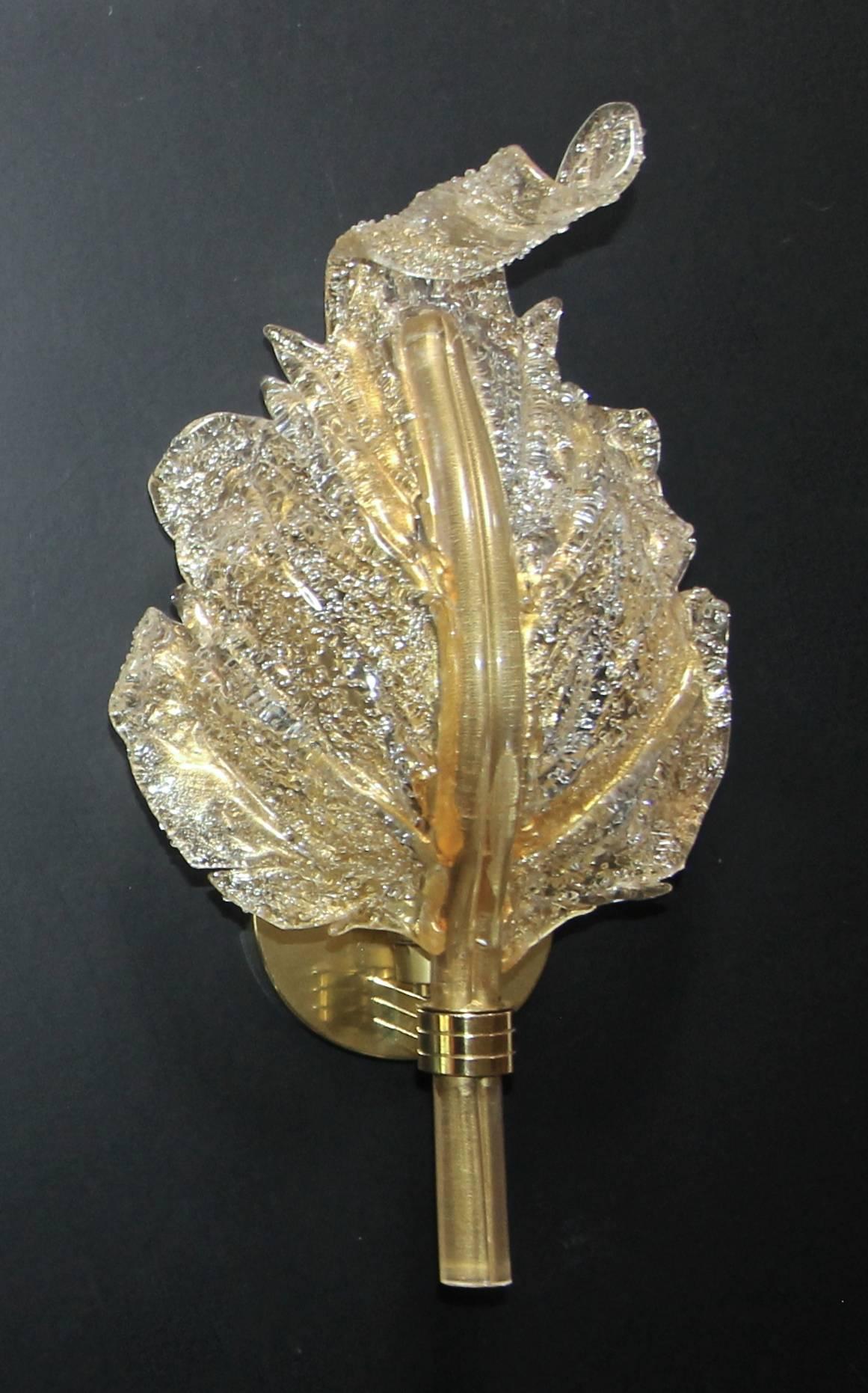Brass Single Barovier Murano Italian Glass Rugiadoso Leaf Wall Sconce