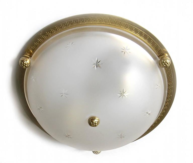 Six Vaughan Regency Style Greek Key Brass Glass Flush Mount Ceiling American Six Vaughan Regency Style Greek Key Brass Glass Flush Mount Ceiling Lights For