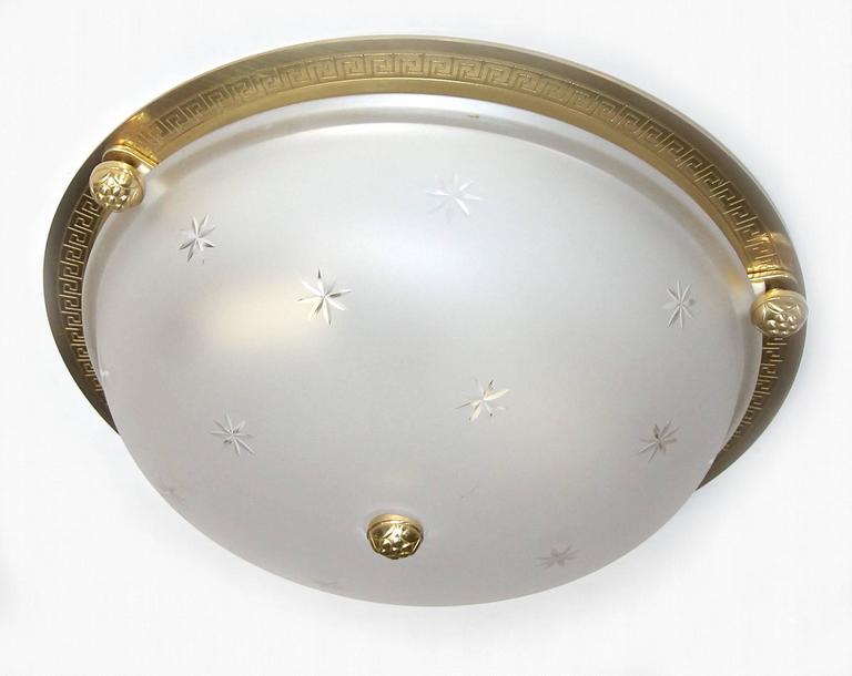 Six Vaughan Regency Style Greek Key Brass Glass Flush Mount Ceiling