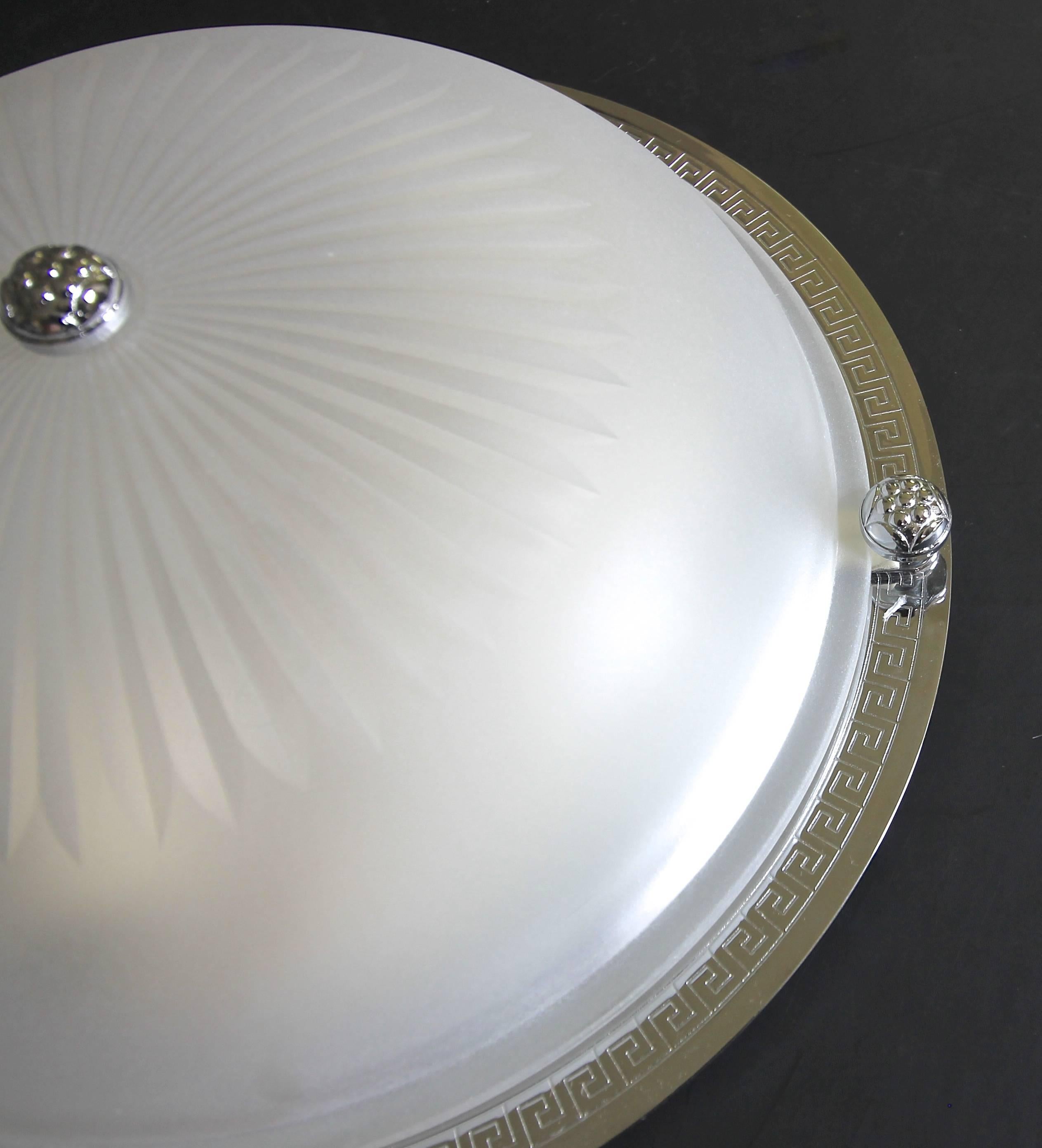 Plated Pair Vaughan Regency Style Greek Nickel and Glass Flush Mount Ceiling Lights