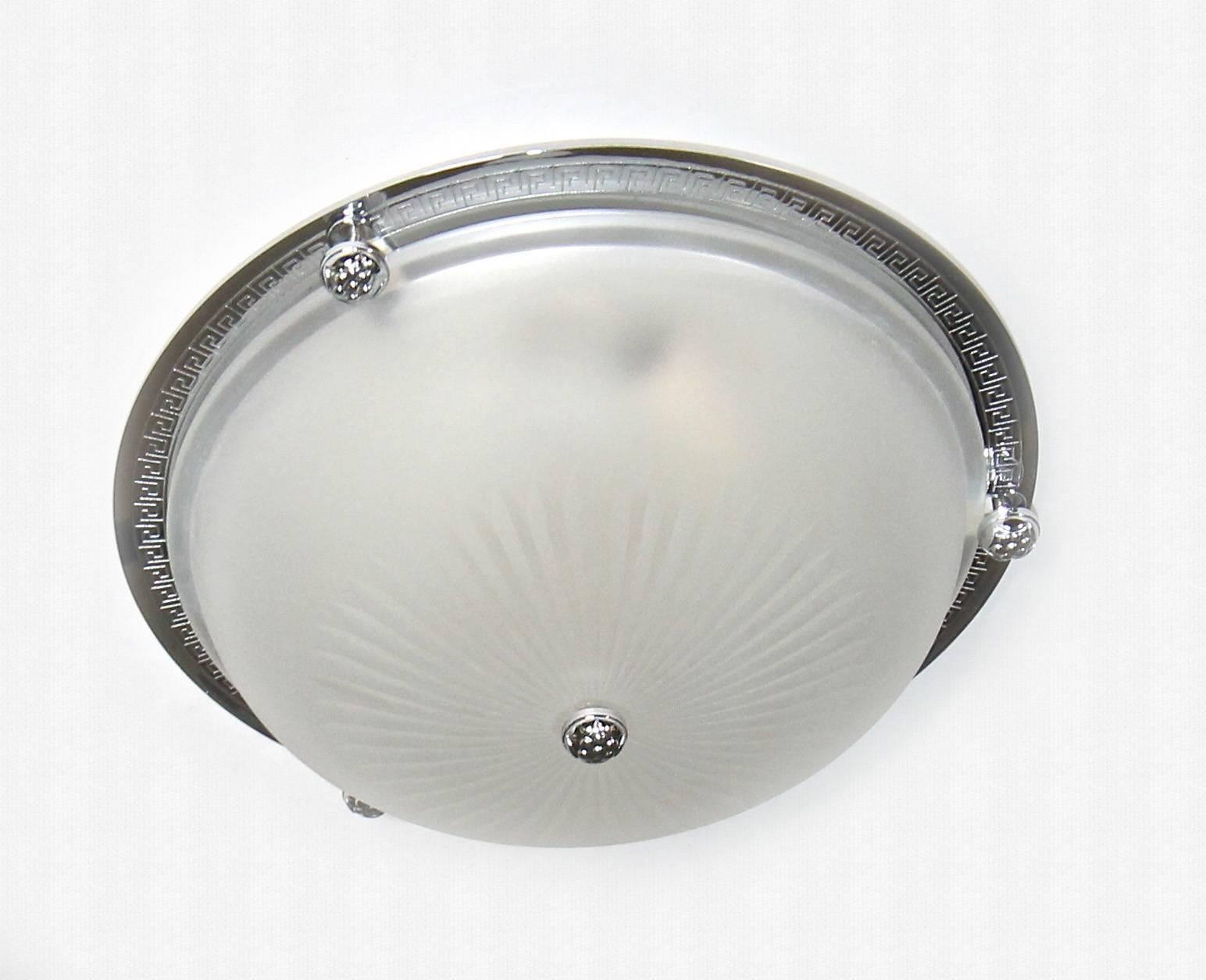 Pair Vaughan Regency Style Greek Nickel and Glass Flush Mount Ceiling Lights In Excellent Condition In Palm Springs, CA