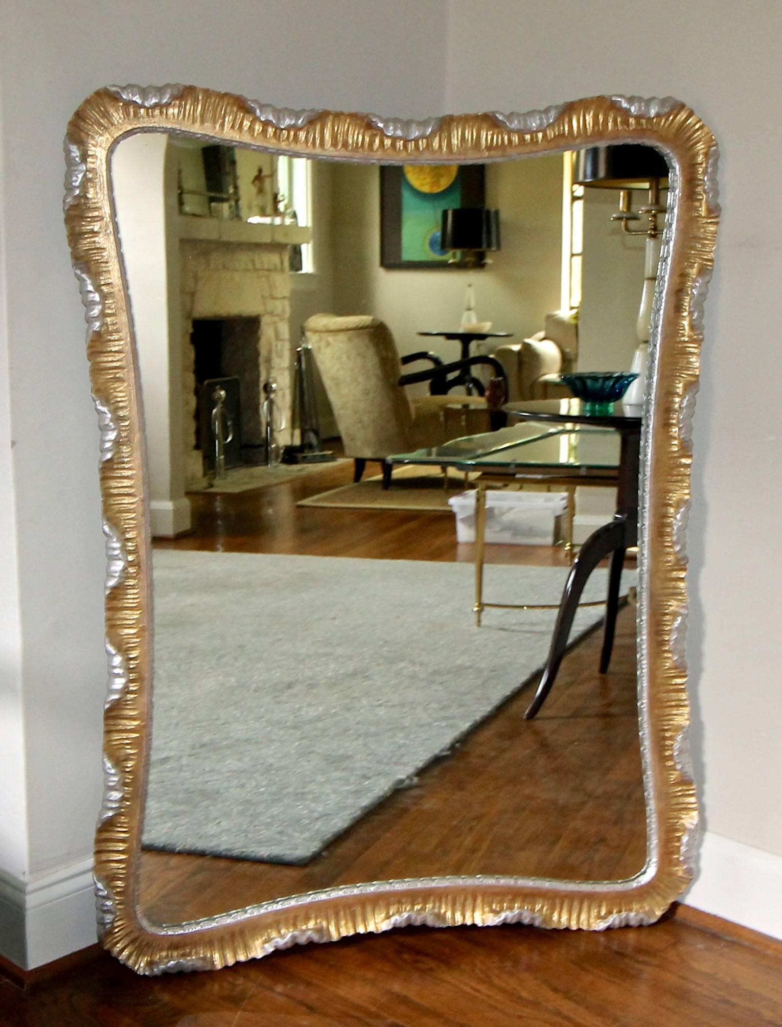 Mid-20th Century Venetian Scalloped Gilt Wood Silver Gold Italian Wall Mirror