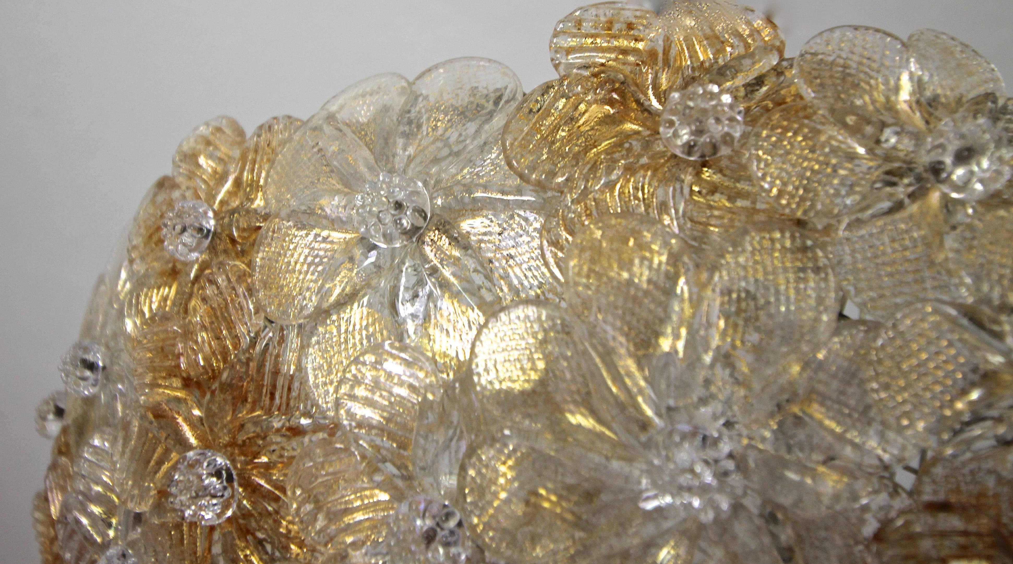 Brass Murano Barovier Glass Floral Semi Flush Mount Ceiling Pendant Light