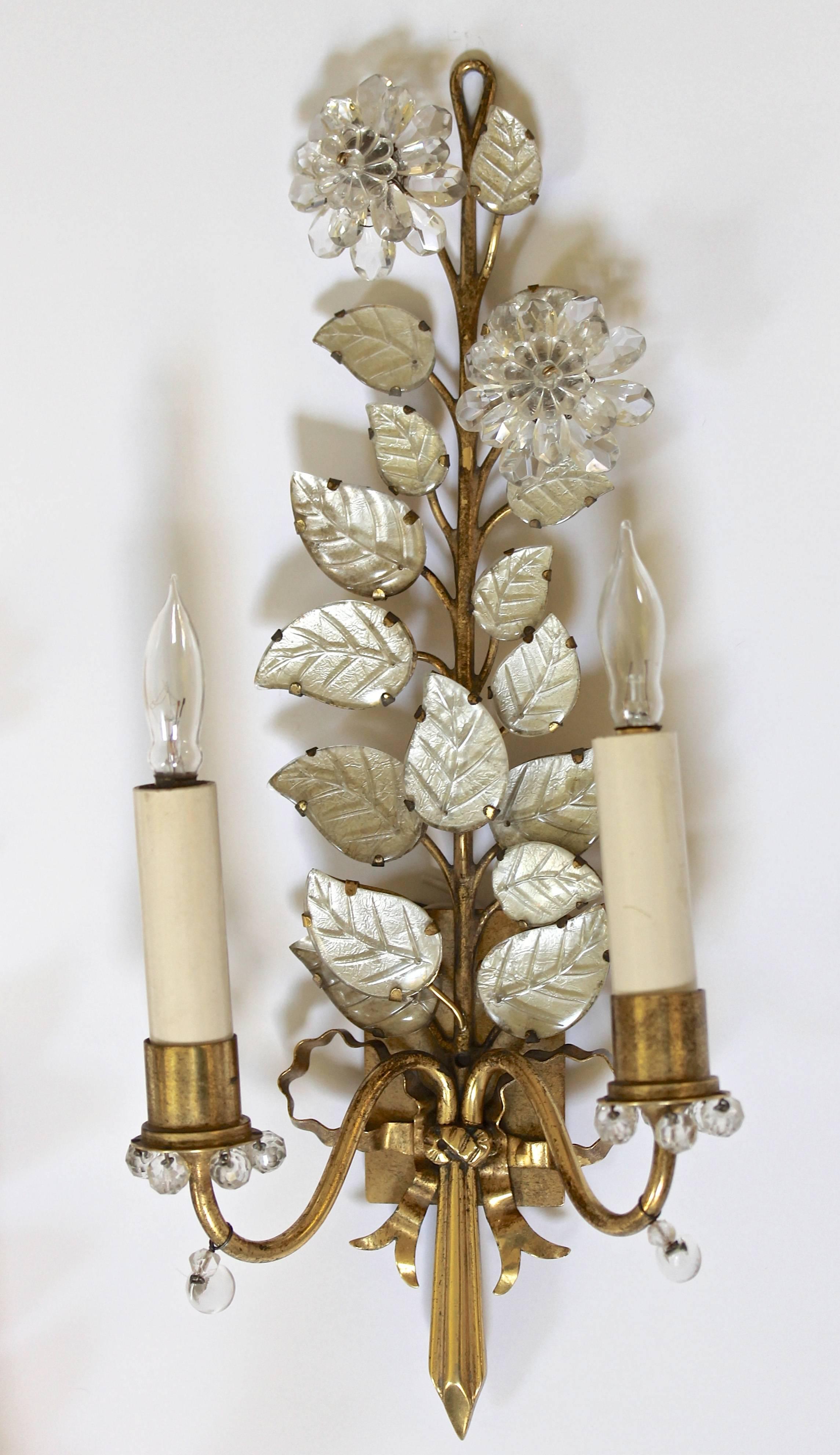 French Pair of Baguès Floral Gilt Bronze Wall Sconces