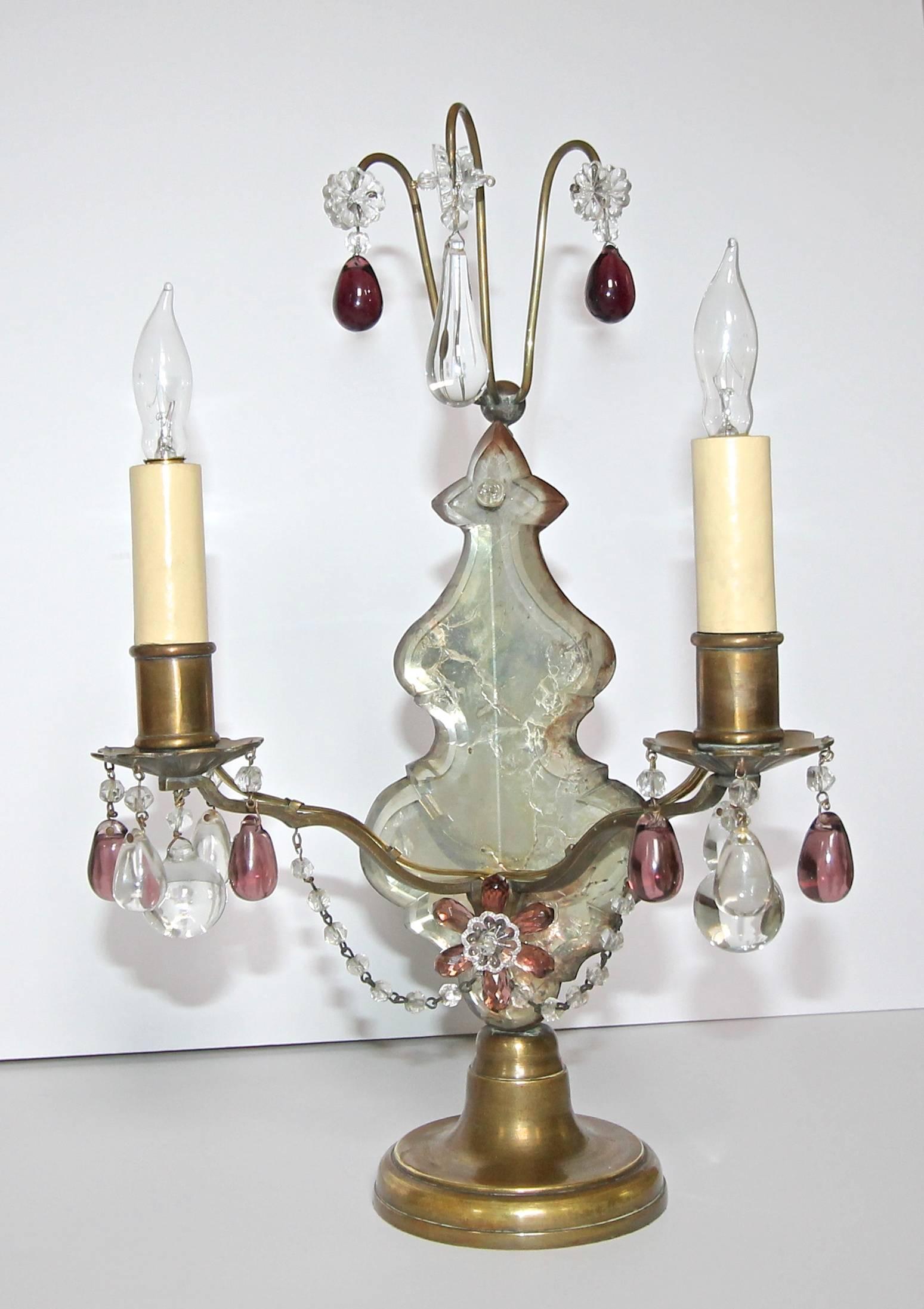 Pair of French Louis XV Style Bronze and Crystal Girandoles Mantle Lamps 1