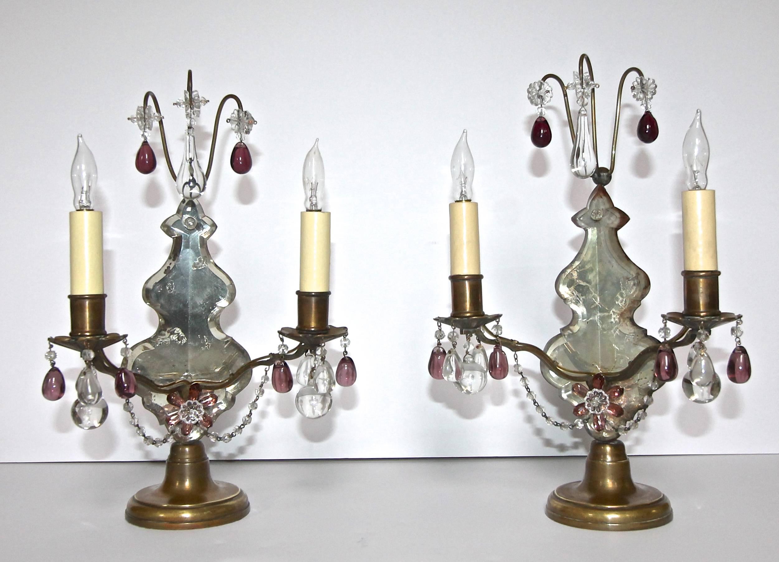 Pair of French Louis XV Style Bronze and Crystal Girandoles Mantle Lamps 6