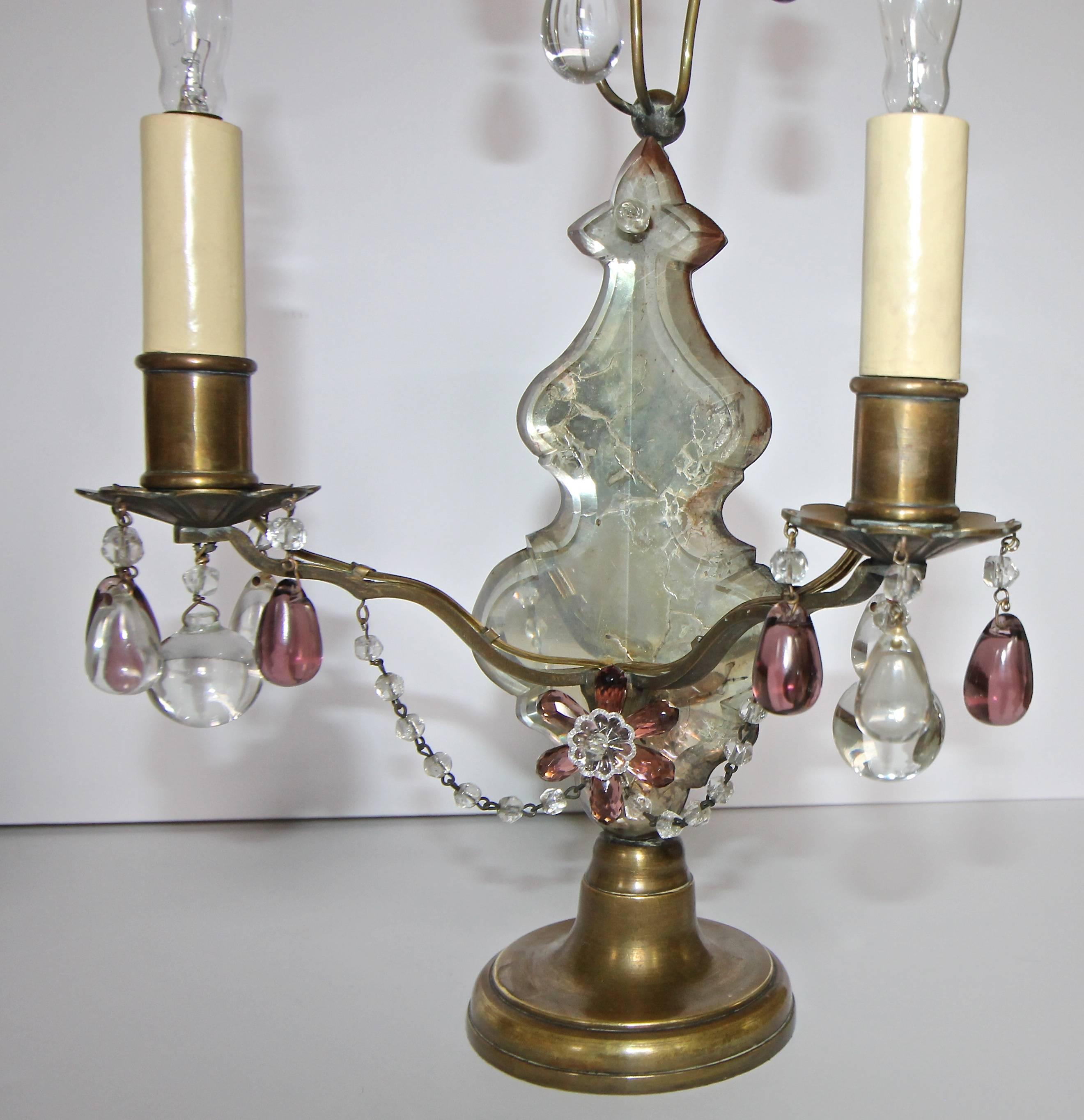 Pair of French Louis XV Style Bronze and Crystal Girandoles Mantle Lamps 3
