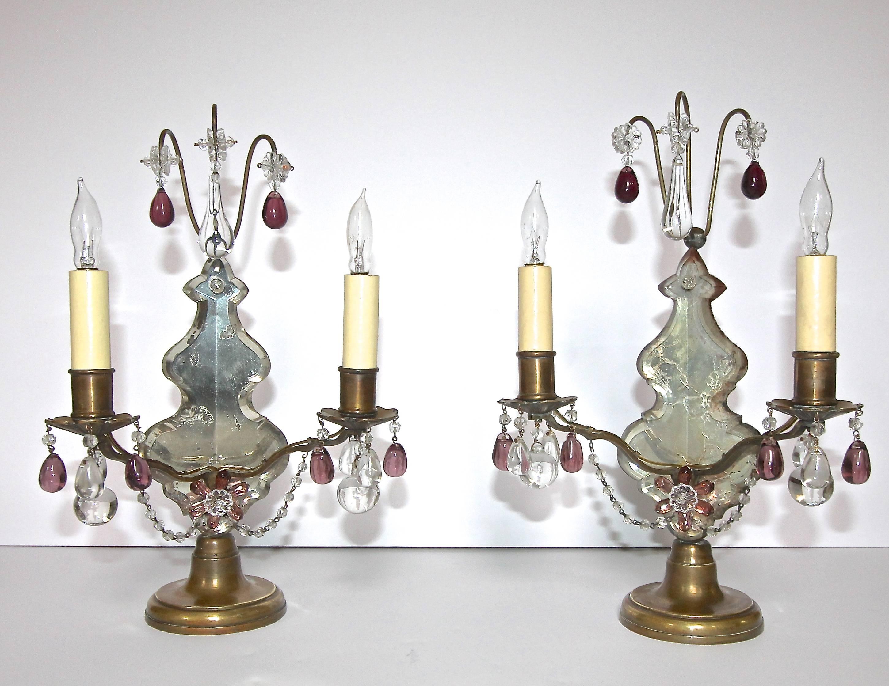 Early 20th Century Pair of French Louis XV Style Bronze and Crystal Girandoles Mantle Lamps