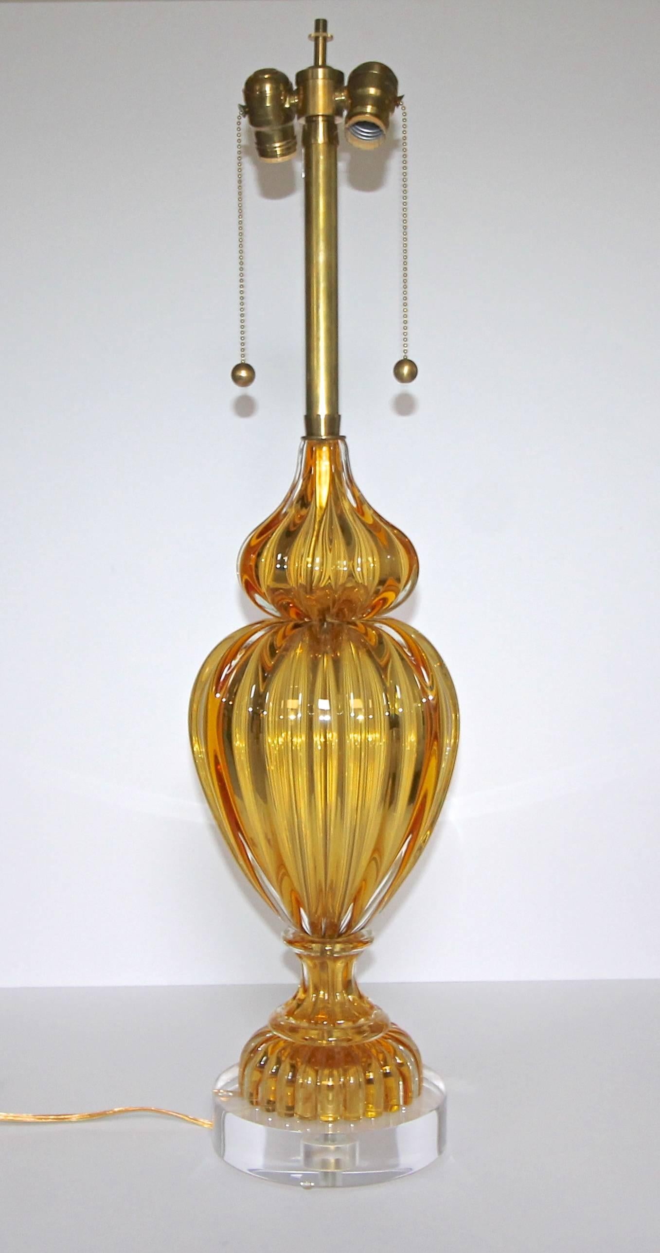 Brass Large Amber Seguso Murano Italian Table Lamp for Marbro