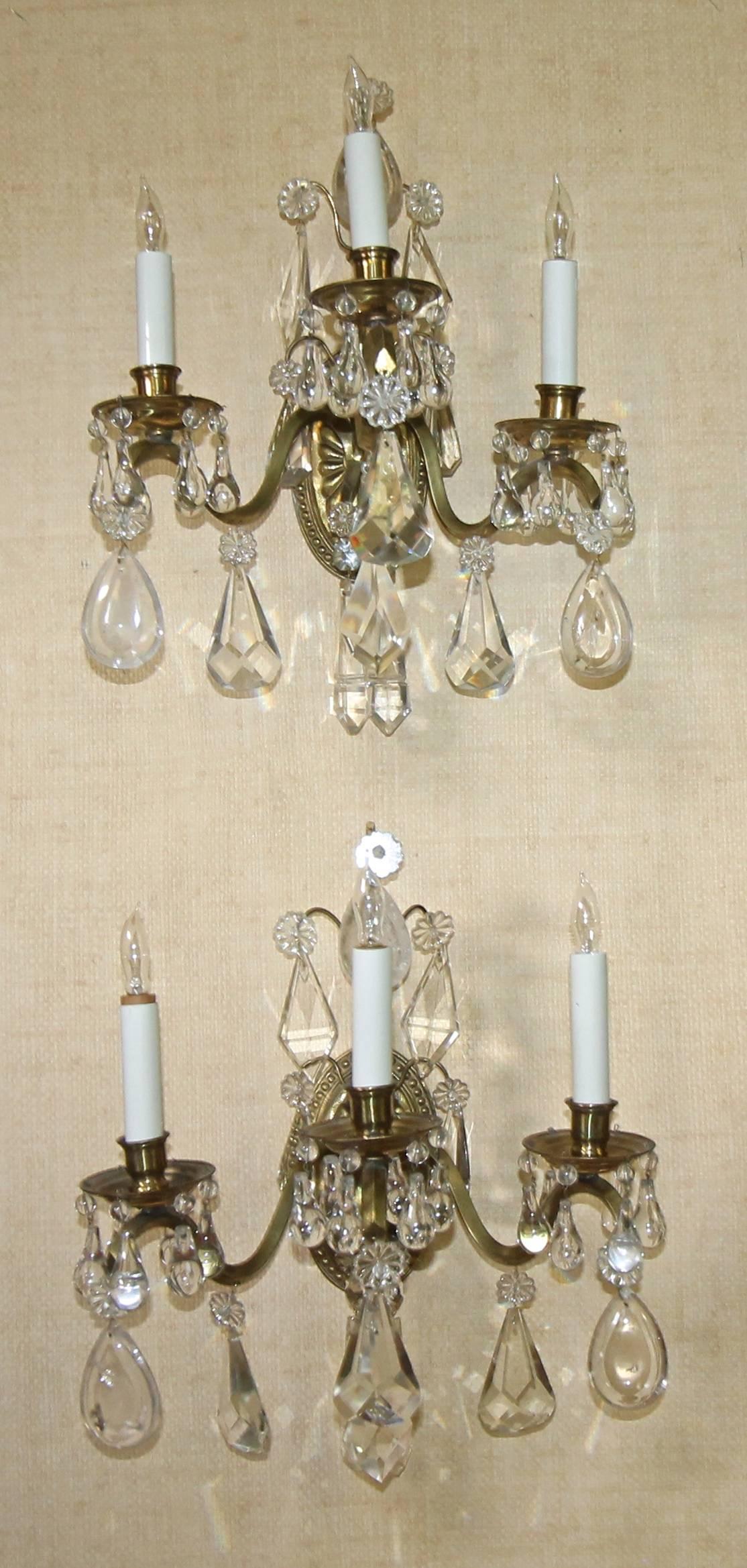 Pair of French Rock Crystal Brass Wall Sconces For Sale 6