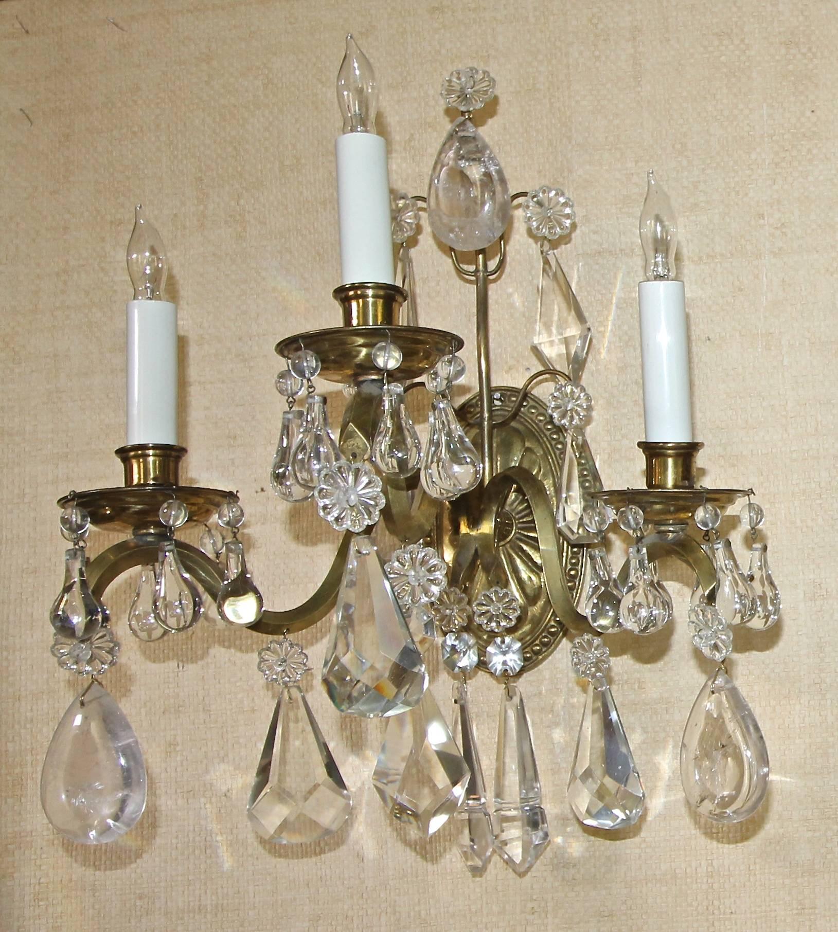 Pair of French Rock Crystal Brass Wall Sconces For Sale 1