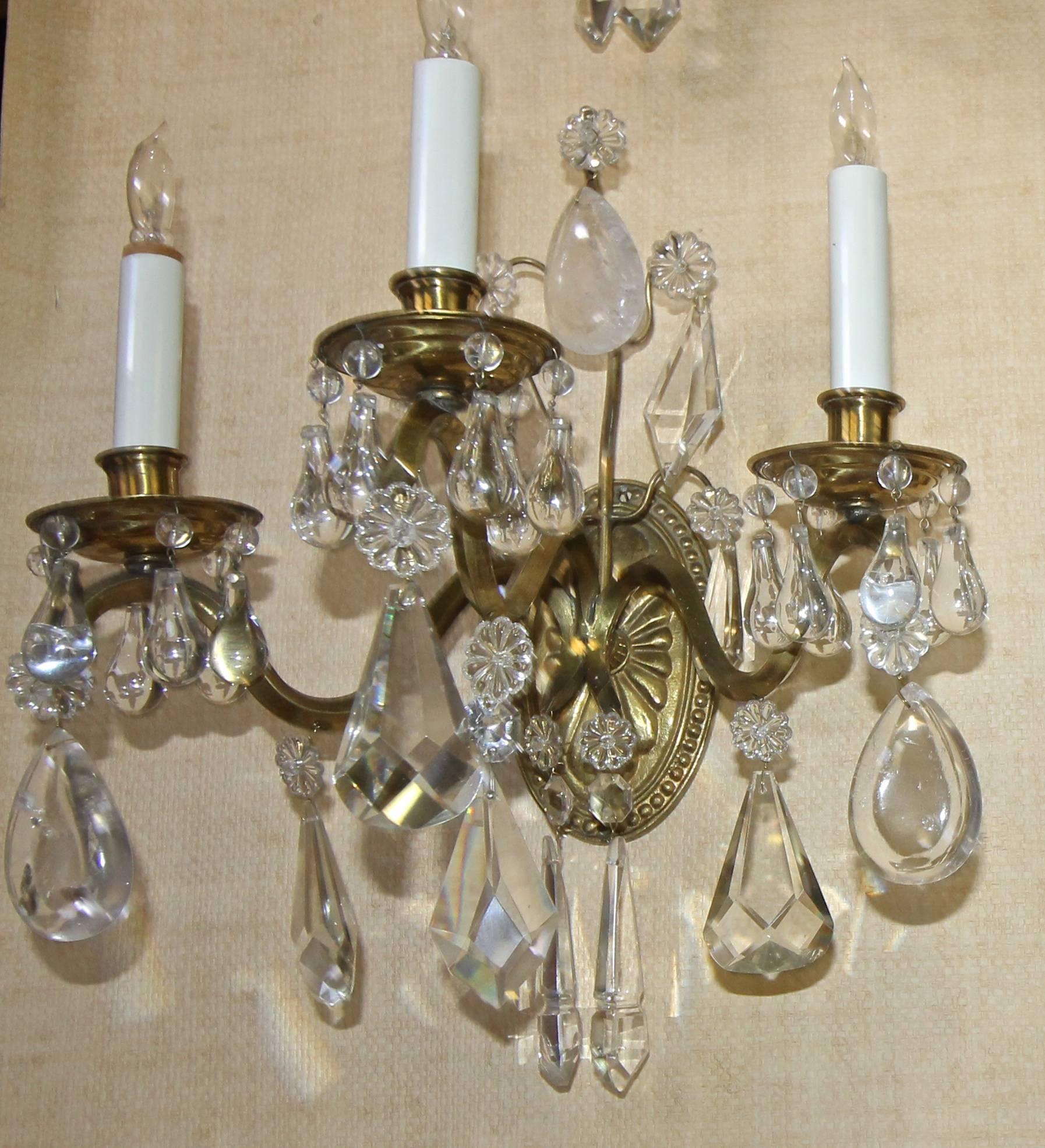 Pair of French Rock Crystal Brass Wall Sconces For Sale 3
