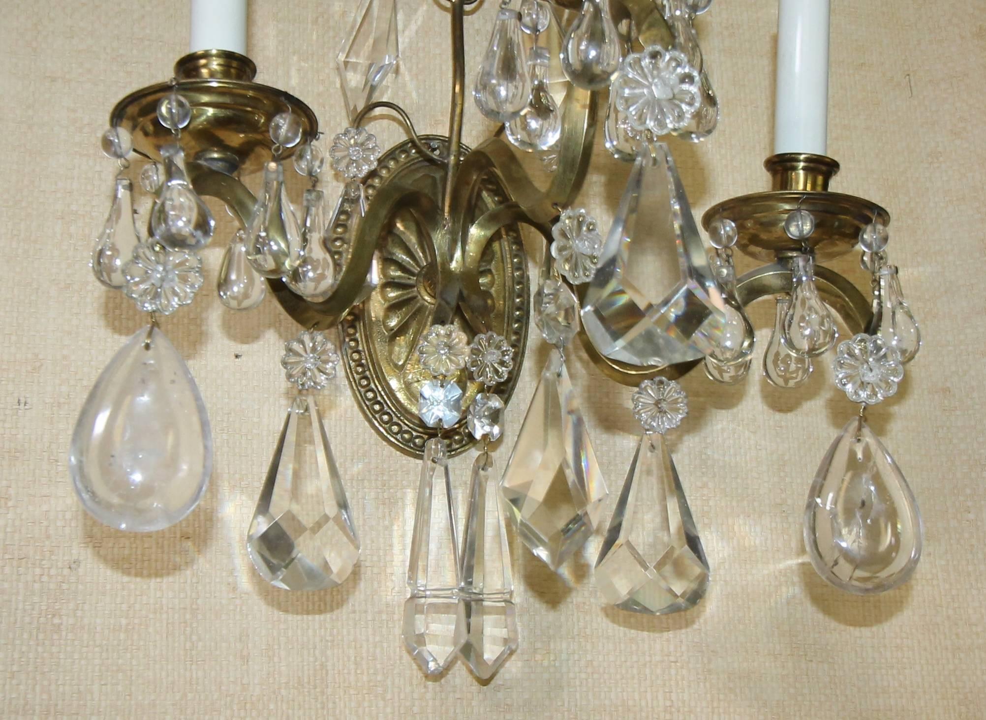 Pair of French Rock Crystal Brass Wall Sconces For Sale 2