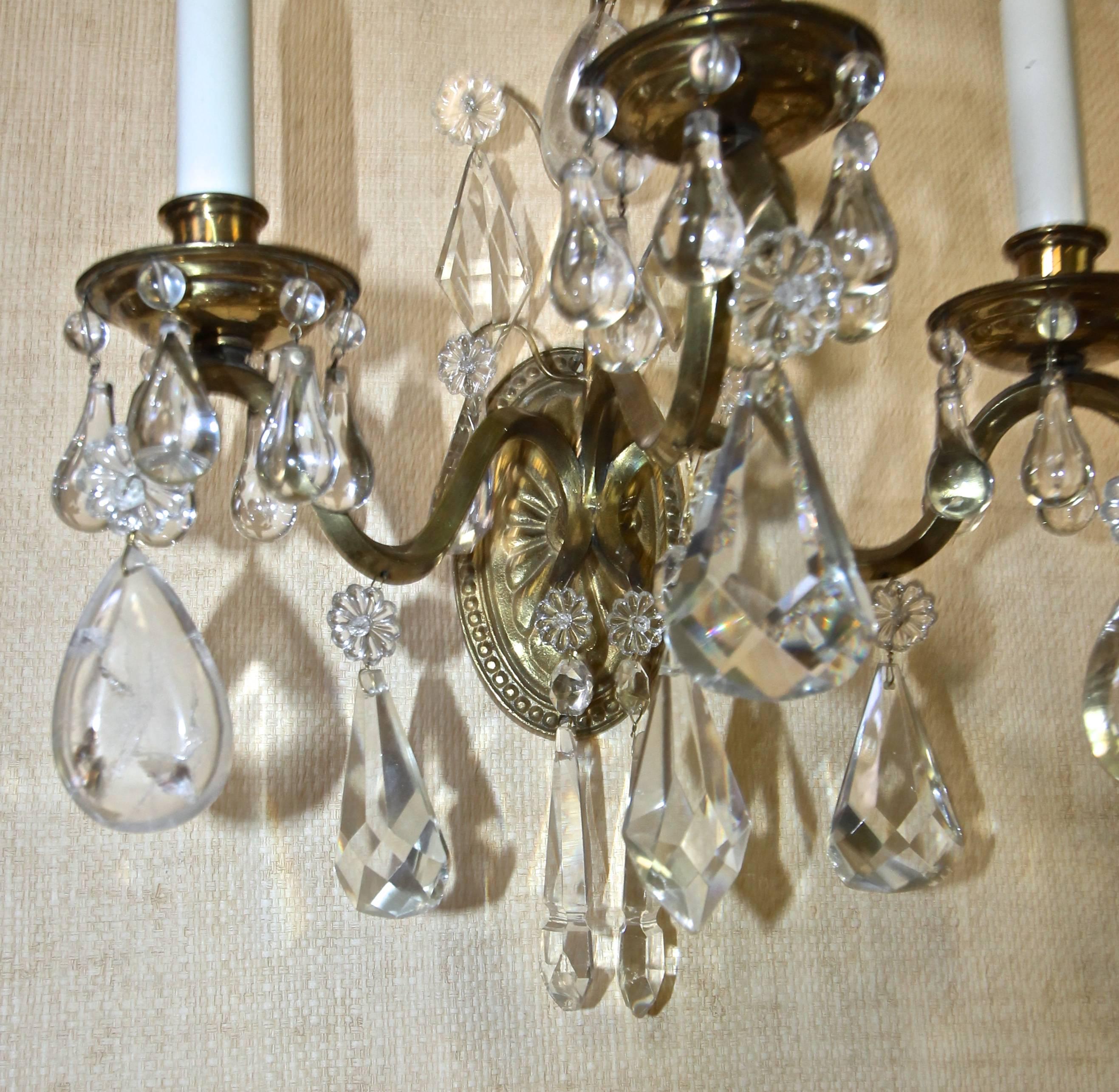 Pair of French Rock Crystal Brass Wall Sconces For Sale 5