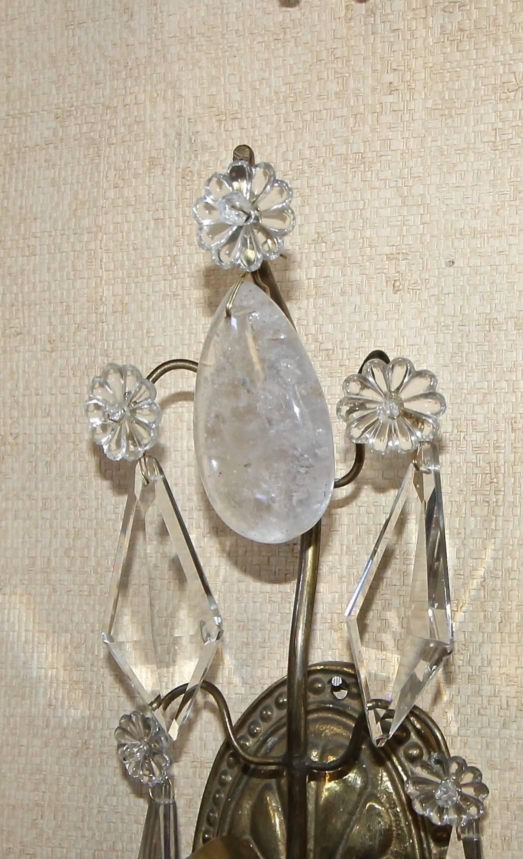Pair of French Rock Crystal Brass Wall Sconces For Sale 4