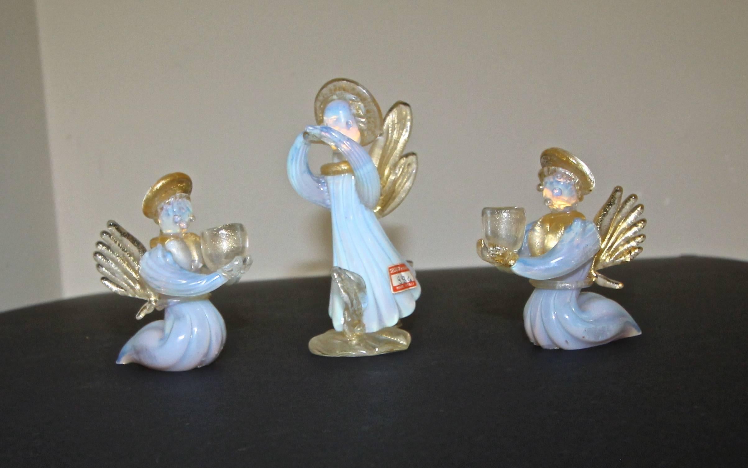 Italian Set of Three Murano Seguso Glass Candleholder Angles For Sale
