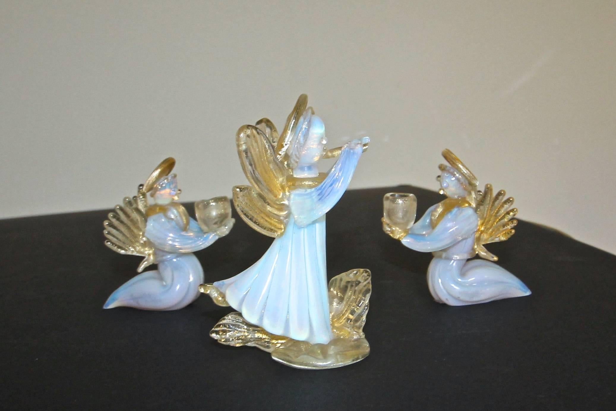 Mid-20th Century Set of Three Murano Seguso Glass Candleholder Angles For Sale