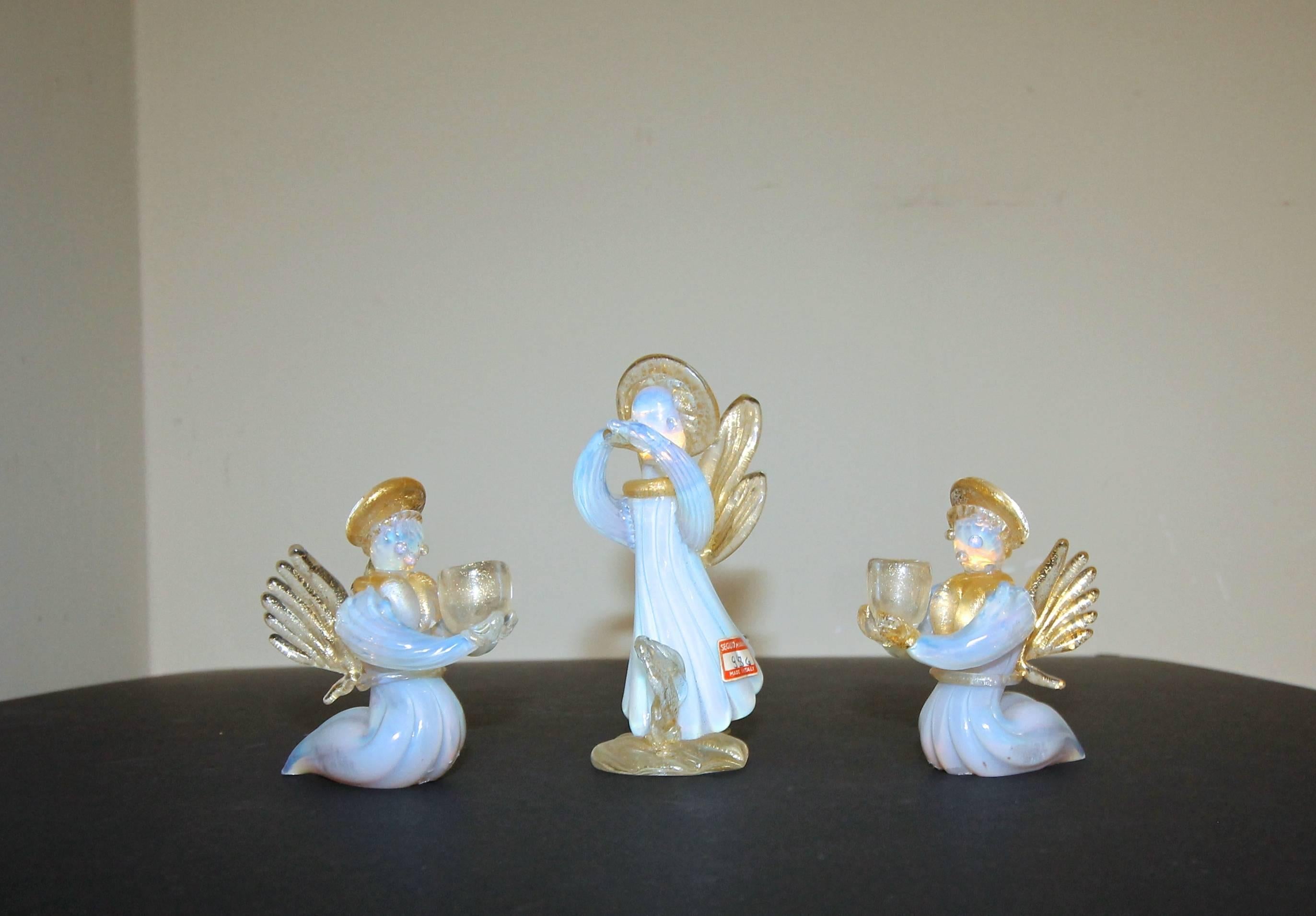 Set of Three Murano Seguso Glass Candleholder Angles For Sale 4