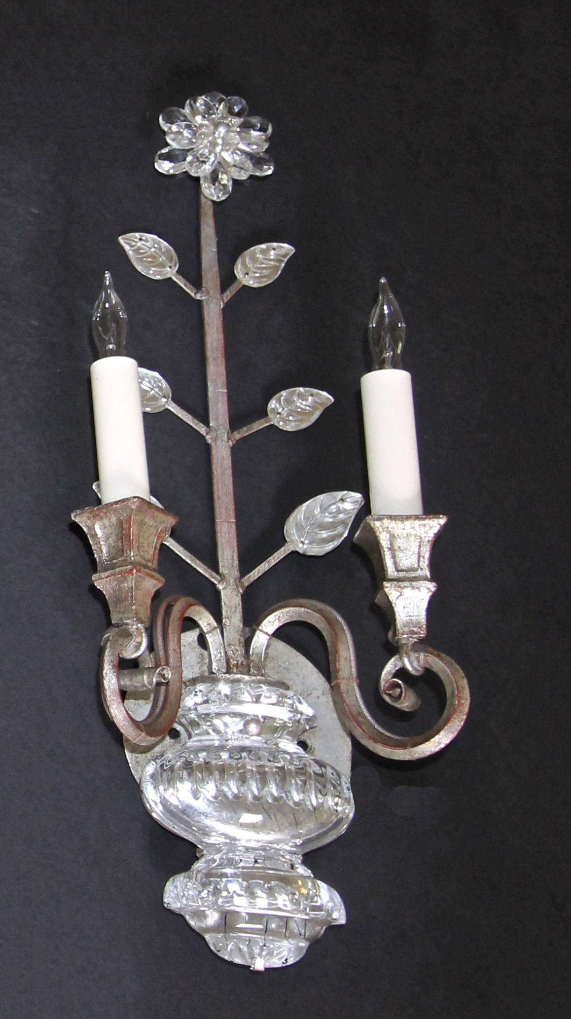 Pair of Baguès Style French Crystal Silver Gilt Flower Wall Sconces 2