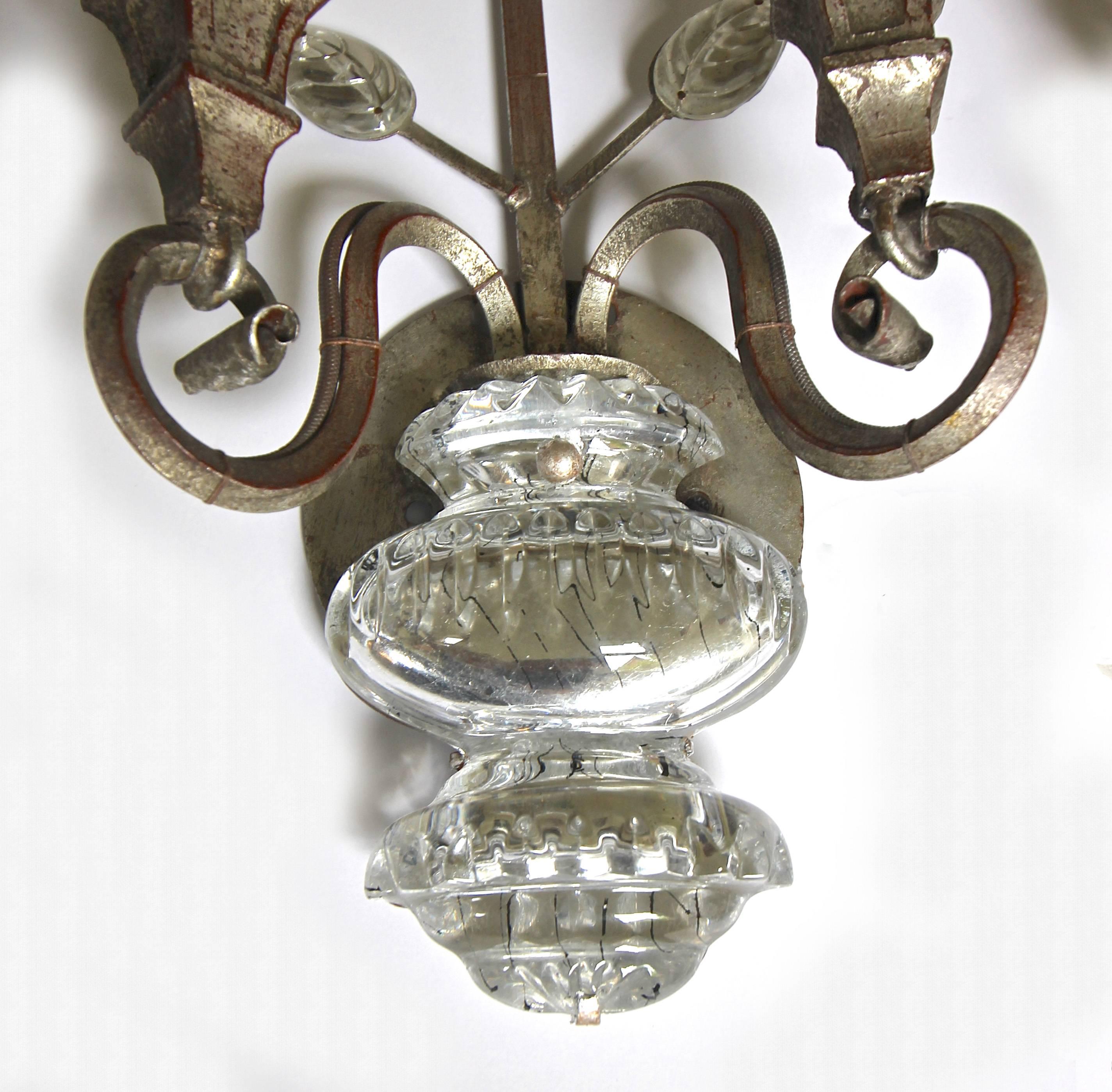 Pair of Baguès Style French Crystal Silver Gilt Flower Wall Sconces 4